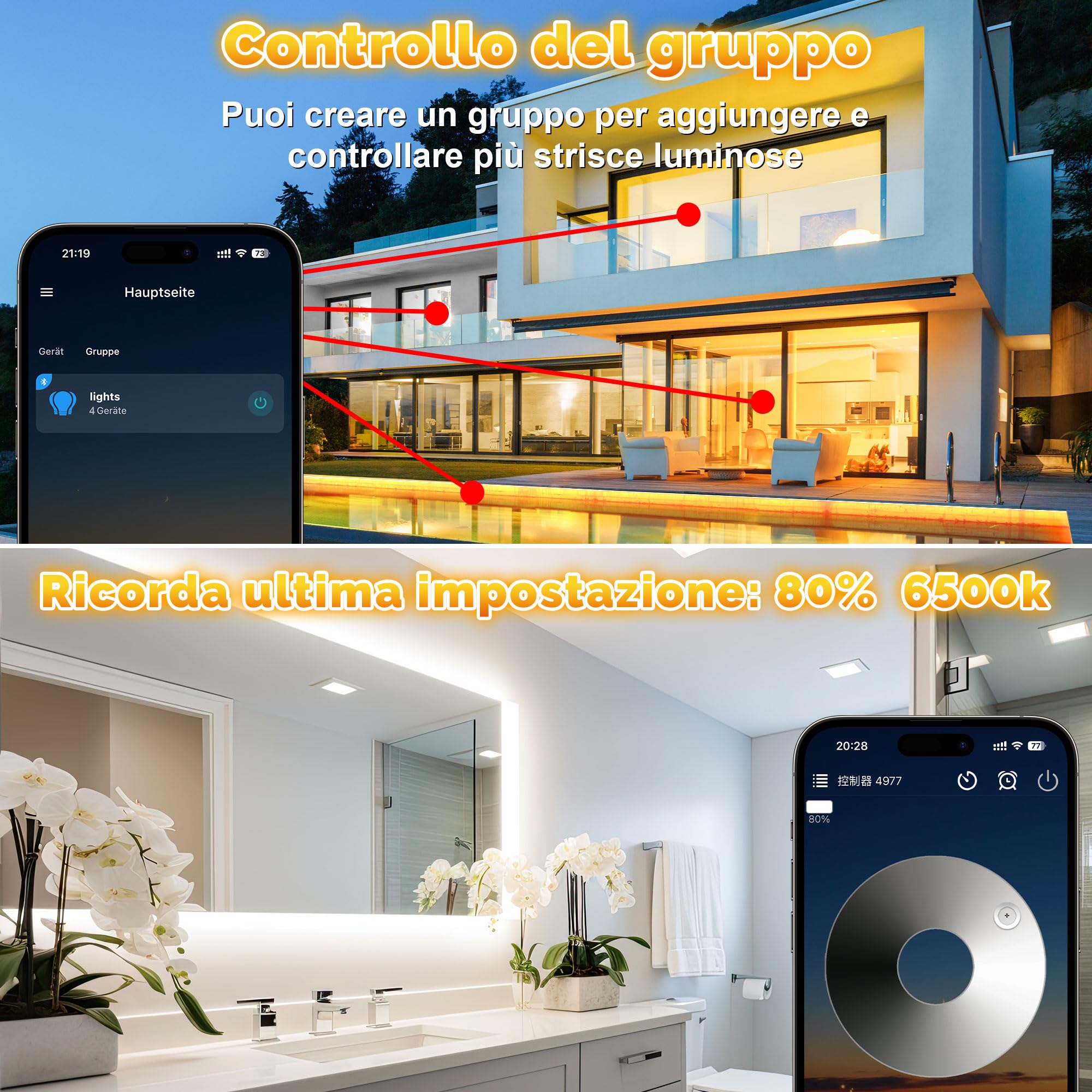 20M Striscia LED Esterno Impermeabile IP67, Luci Esterno LED Dimmerabile Bianca a Luce Calda, Strisce Adesive con Telecomando & APP, Striscia Impermeabile 24v per Cucina da Esterno, Gazebo