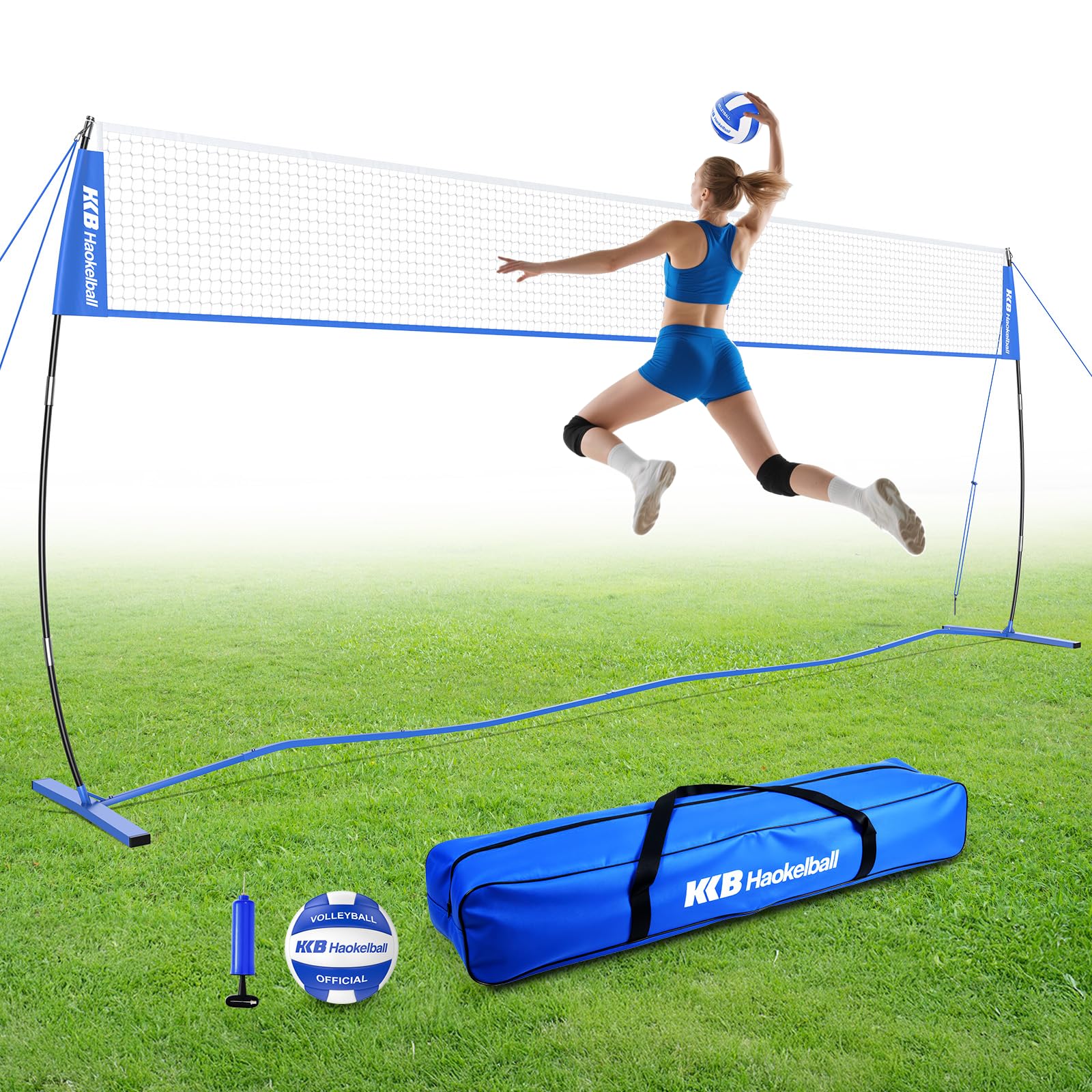 Haokelball Volleyball Net for Backyard, 20ft Portable Freestanding Practice Net with Adjustable Height & Widened Base, Includes Volleyball, Carry Bag,