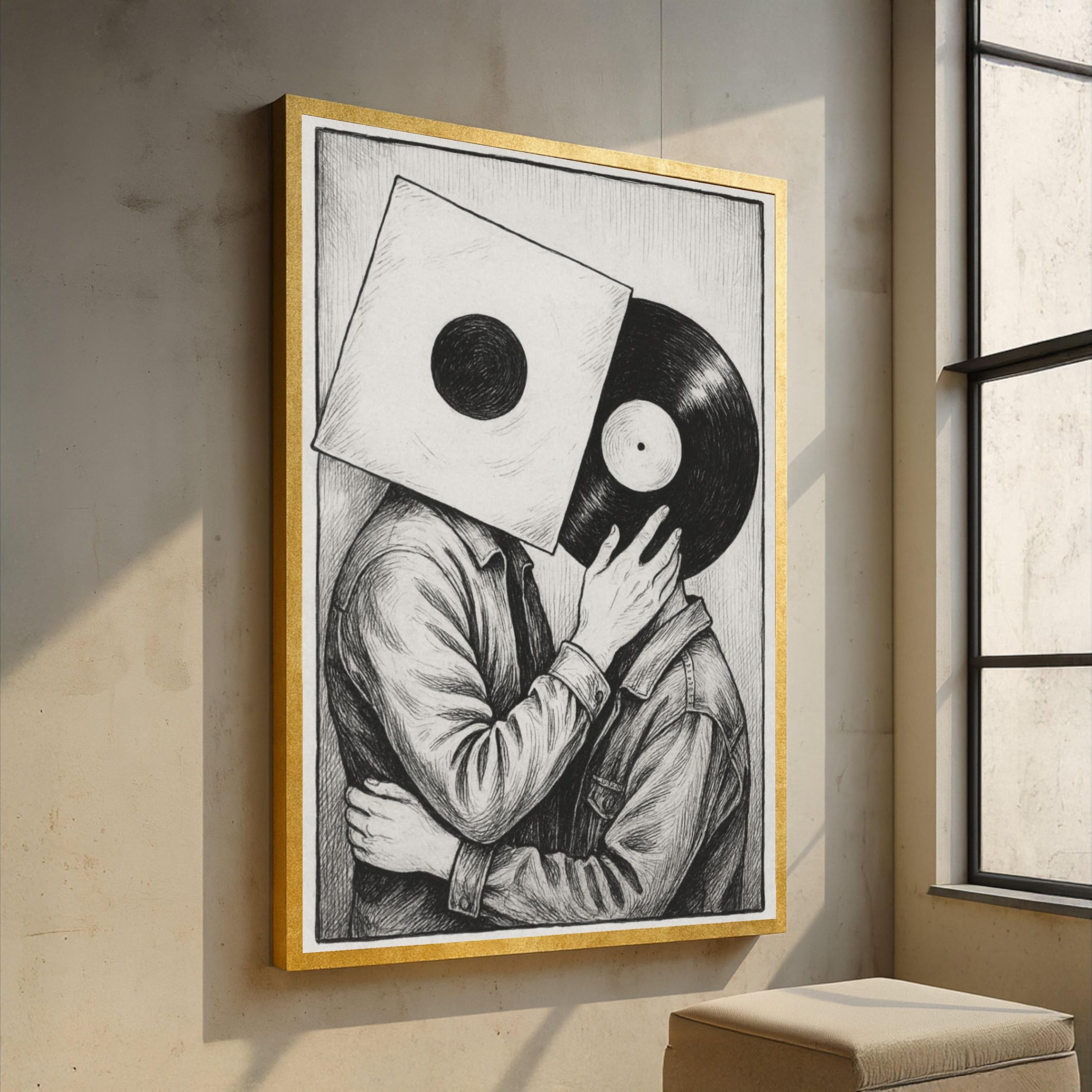 CAOXTART Obraz na płótnie dla miłośników płyt winylowych w stylu vintage muzyka dekoracja ścienna czarno-biała ilustracja retro wystrój domu (60 x 90 cm/wewnętrzna rama)