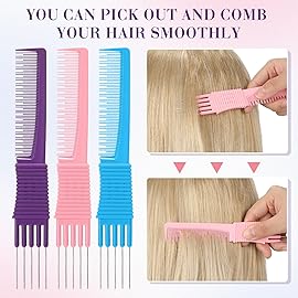 Leinuosen 3 Pack Carbon Lift Teasing Combs with Metal Prong, Hair Pick Comb for Women Hair Styling(Blue, Pink, Purple)