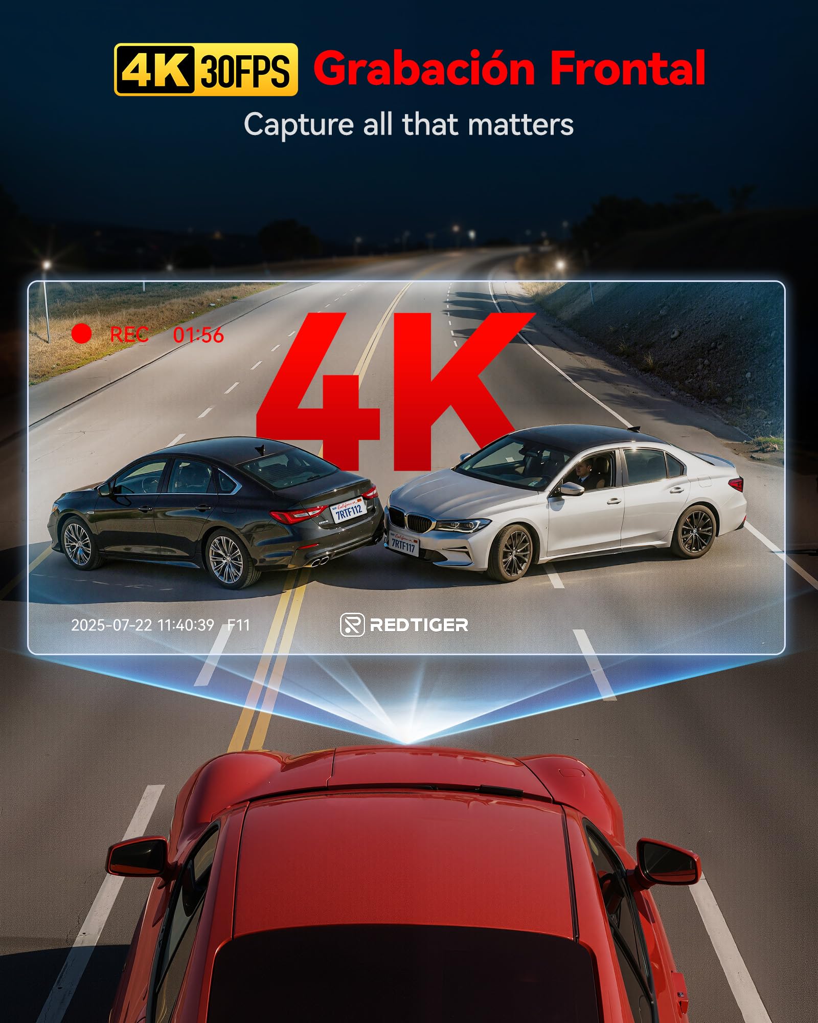 REDTIGER 4K Dashcam Coche Frontal,5.8G WiFi,Camara Vigilancia para Coche con Visión Nocturna,WDR, Modo de Aparcamiento 24H,Grabación en Bucle,Instalación en Dos Pasos