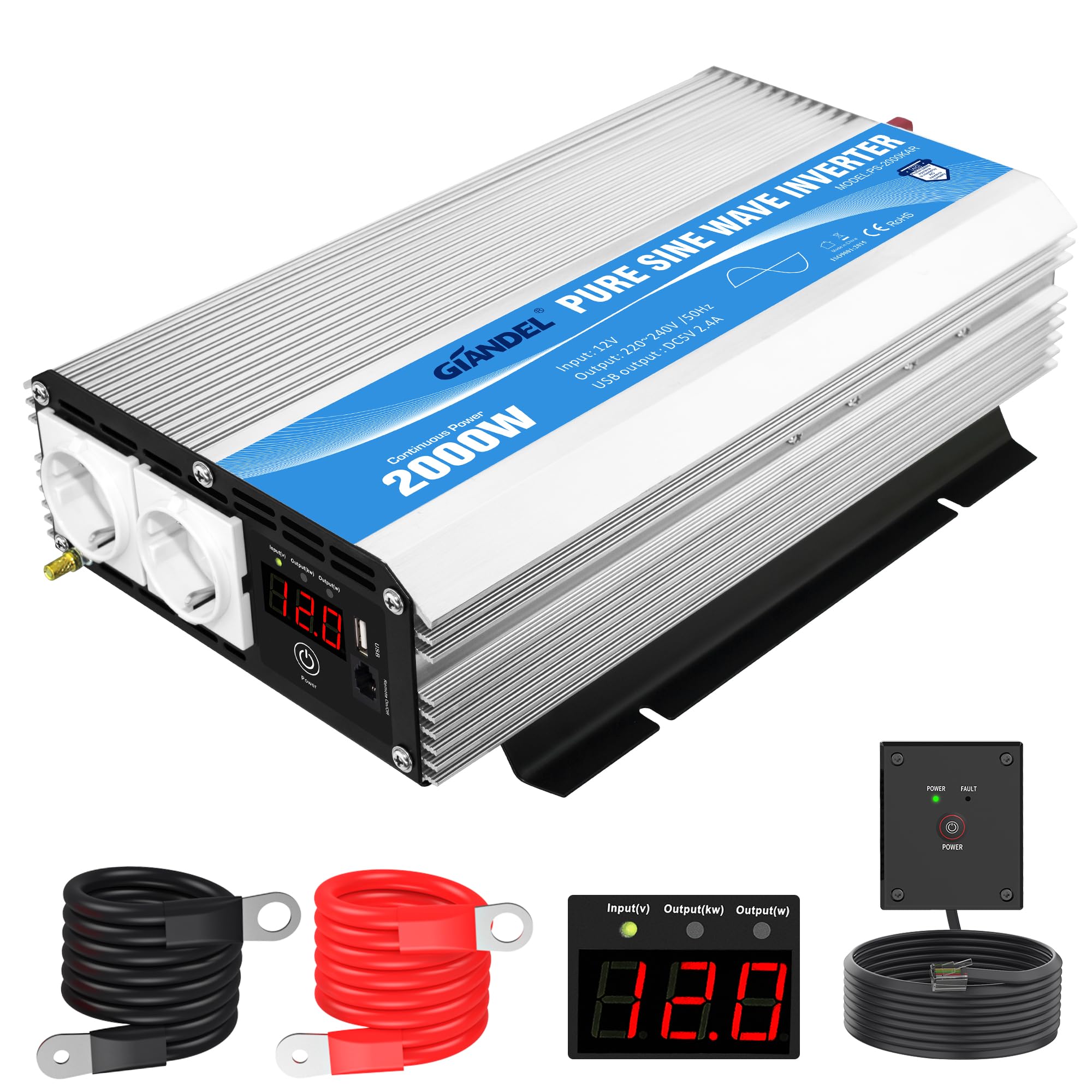 GIANDEL 2000W Wechselrichter 12V auf 230V Reiner Sinus Spannungswandler | Kompatibel Lithium-Batterie, Für Wohnmobil, LKW, Zuhause, Off-Grid Solarstrom Umwandler-Inverter mit LED-Anzeige