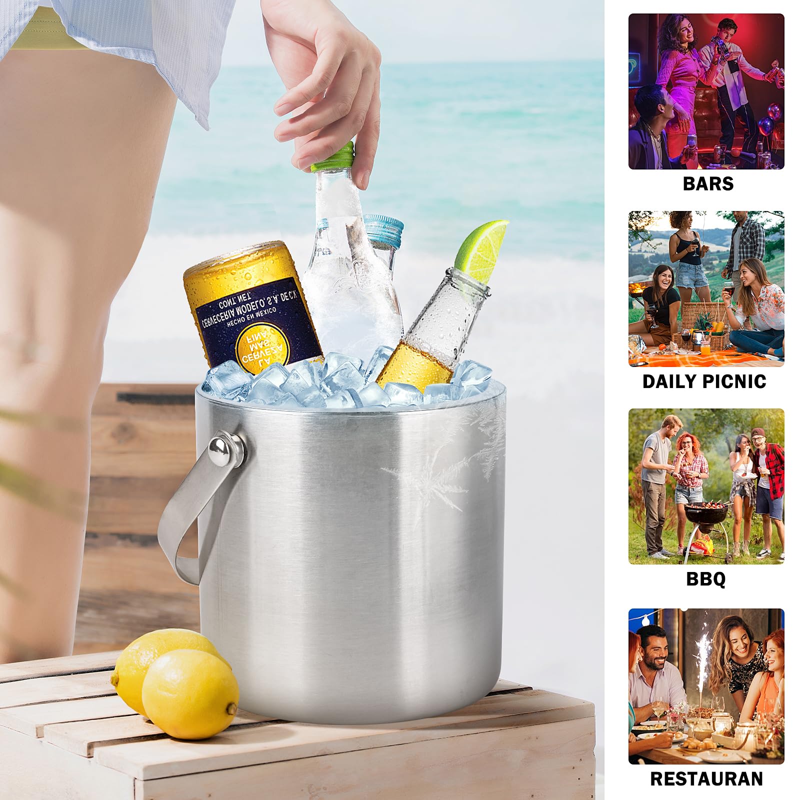 2L Récipient à Glaçons, Seau à Glace en Acier Inoxydable Isolé à Double Paroi avec Couvercle, Cuillère, Pinces et Passoire, Idéal pour Les Bars à Cocktails, Les Fêtes, Le Champagne