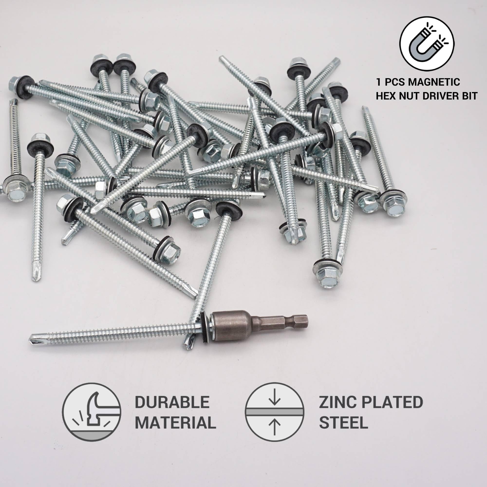 SKIR'CO (80 pcs) Zinc Plated Roofing Screws 6.3 x 90 mm, Hex Head, DIN 7504-K Self-Drilling Screws with EPDM Sealing Washers - Image 3