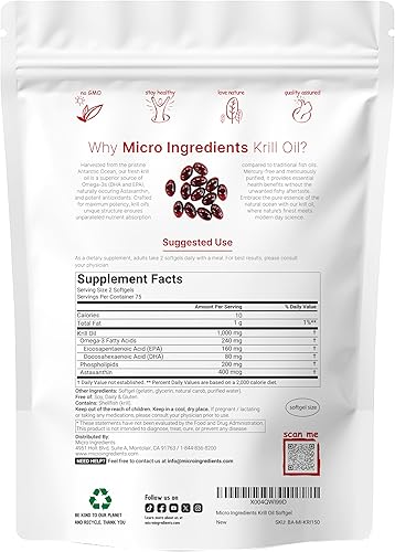 Miniatura 2 de Micro Ingredients Suplemento de aceite de krill antártico de 1,000 mg por porción, 150 cápsulas blandas  Rico en omega-3 EPA y DHA + astaxantina