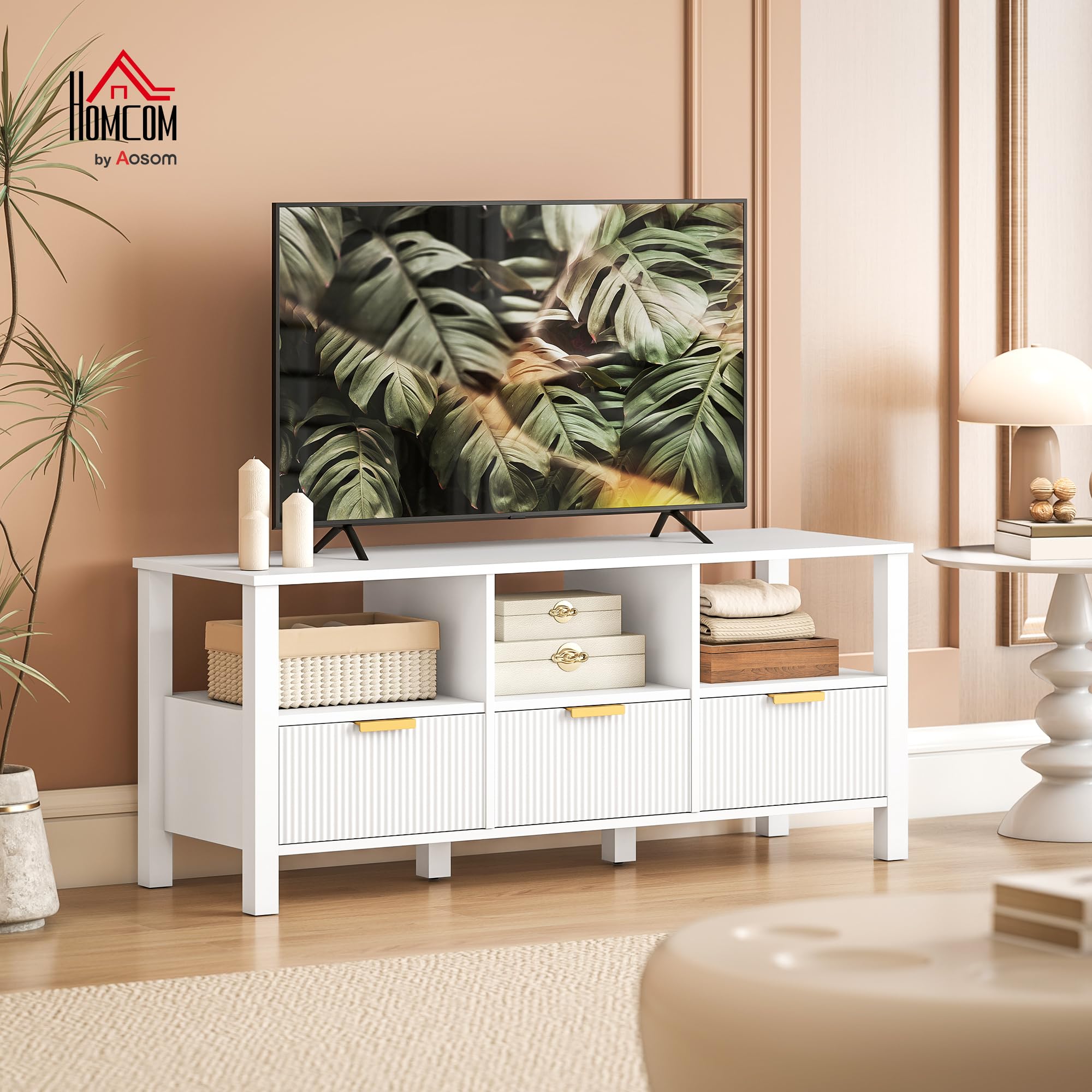 HOMCOM Mueble de TV Moderno para Salón, Mesa TV con 3 Cajones y 3 Estantes Abiertos, para Televisión de 43-55 Pulgadas, 120x39,5x50 cm, Blanco