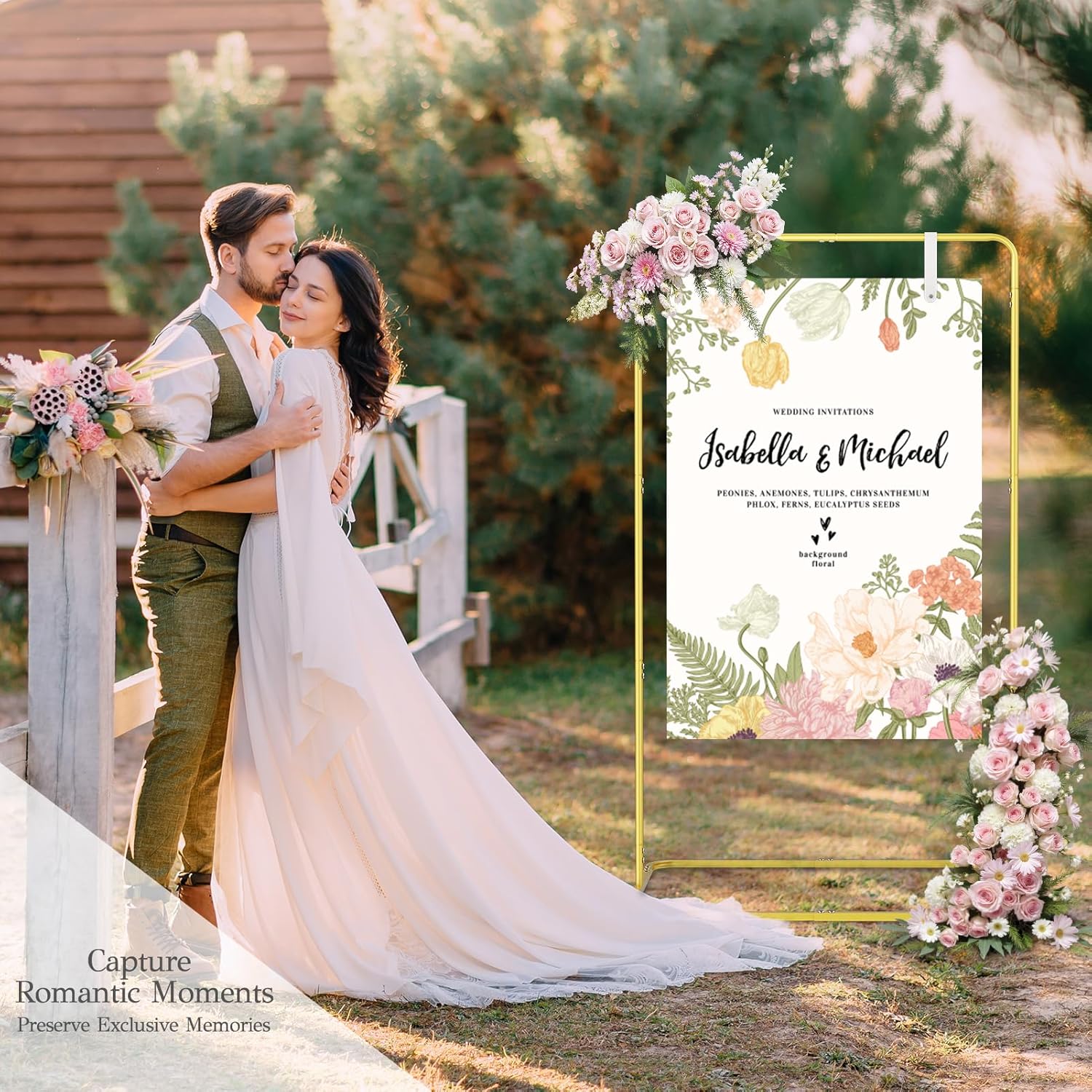 EMART Welcome Sign Stand, 68”x31”x 20”Wedding Sign Stand with 4 Leather Hanging Straps & 4 Reusable Ground Stakes, Gold Easel Stand Personalized for Party, Baby Shower, Graduation Ceremony, Exhibition