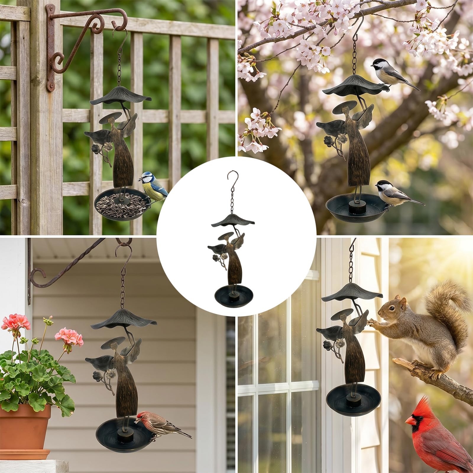 Mangiatoia per uccelli sospesa Porta cibo da esterno resistente agli agenti atmosferici Decorazione del giardino Arte creativa Mangiatoia per uccelli portatile sospesa