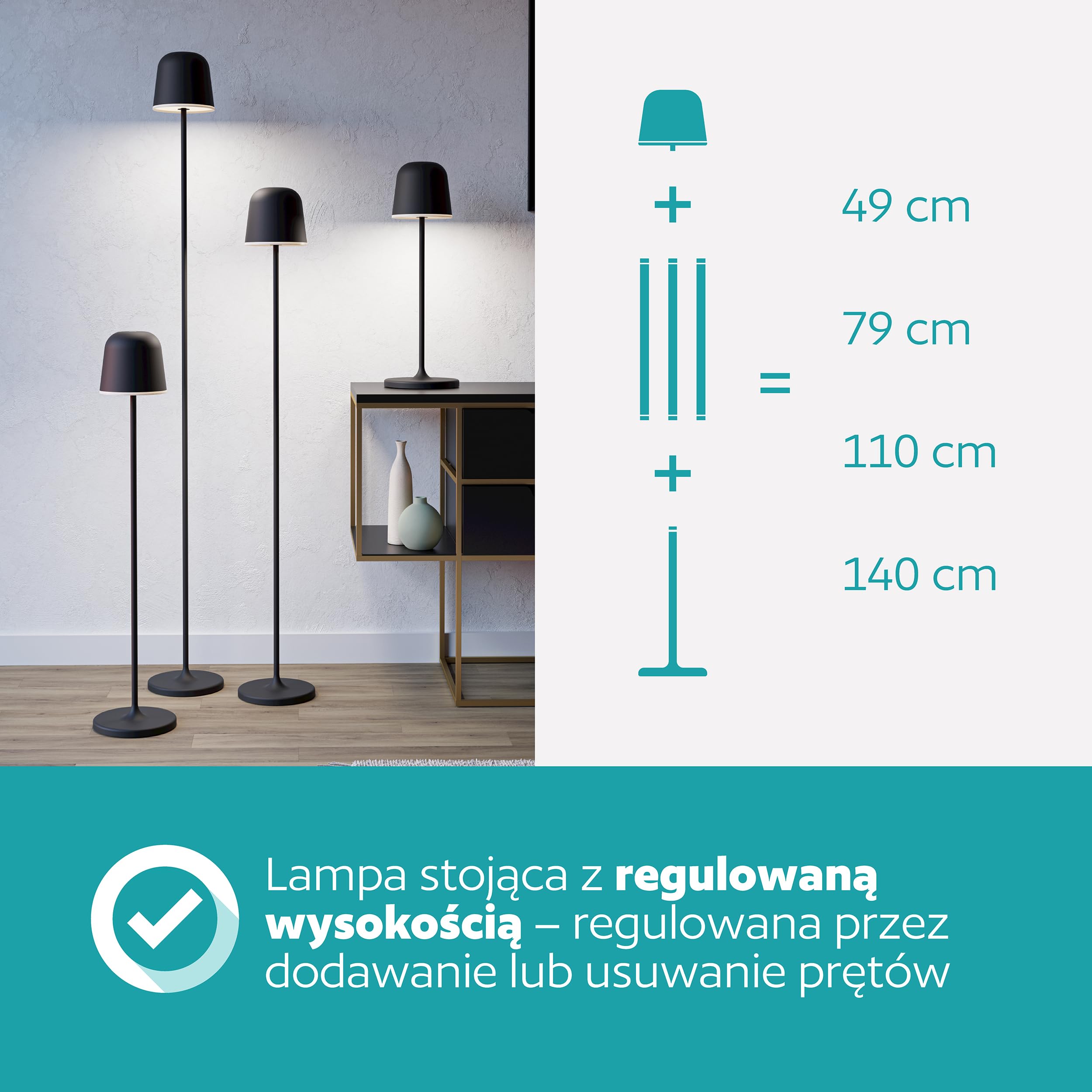 EGLO Mannera-L Lampa stojąca LED na baterie, bezprzewodowa lampa stojąca z funkcją ściemniania, lampa do salonu z metalu w kolorze czarnym, do użytku na zewnątrz i wewnątrz, IP54