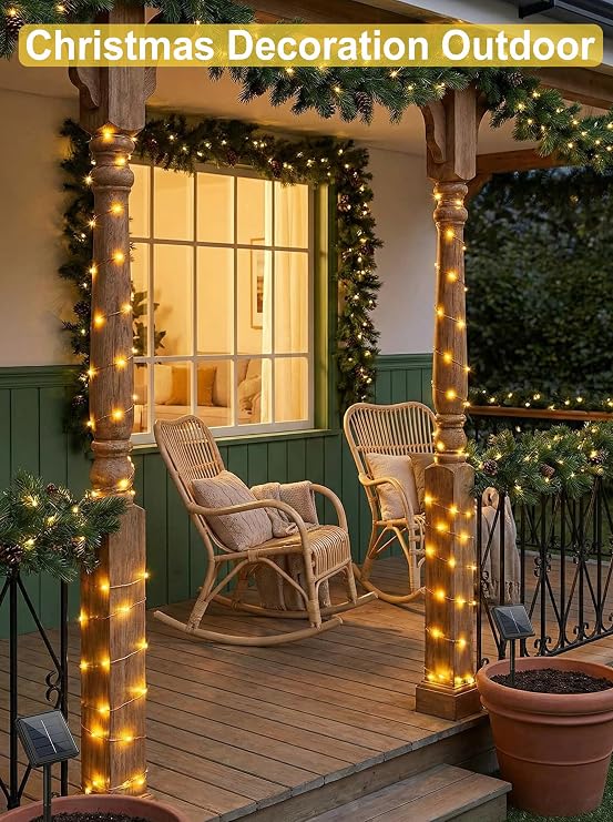 2 Pack Solar Lights Outdoor, 8M 60LED Solar Garden Light 8 Mode Waterproof Copper Wire Decorative String Lights for Patio, Trees, Party(Warm White) [Energy Class A]