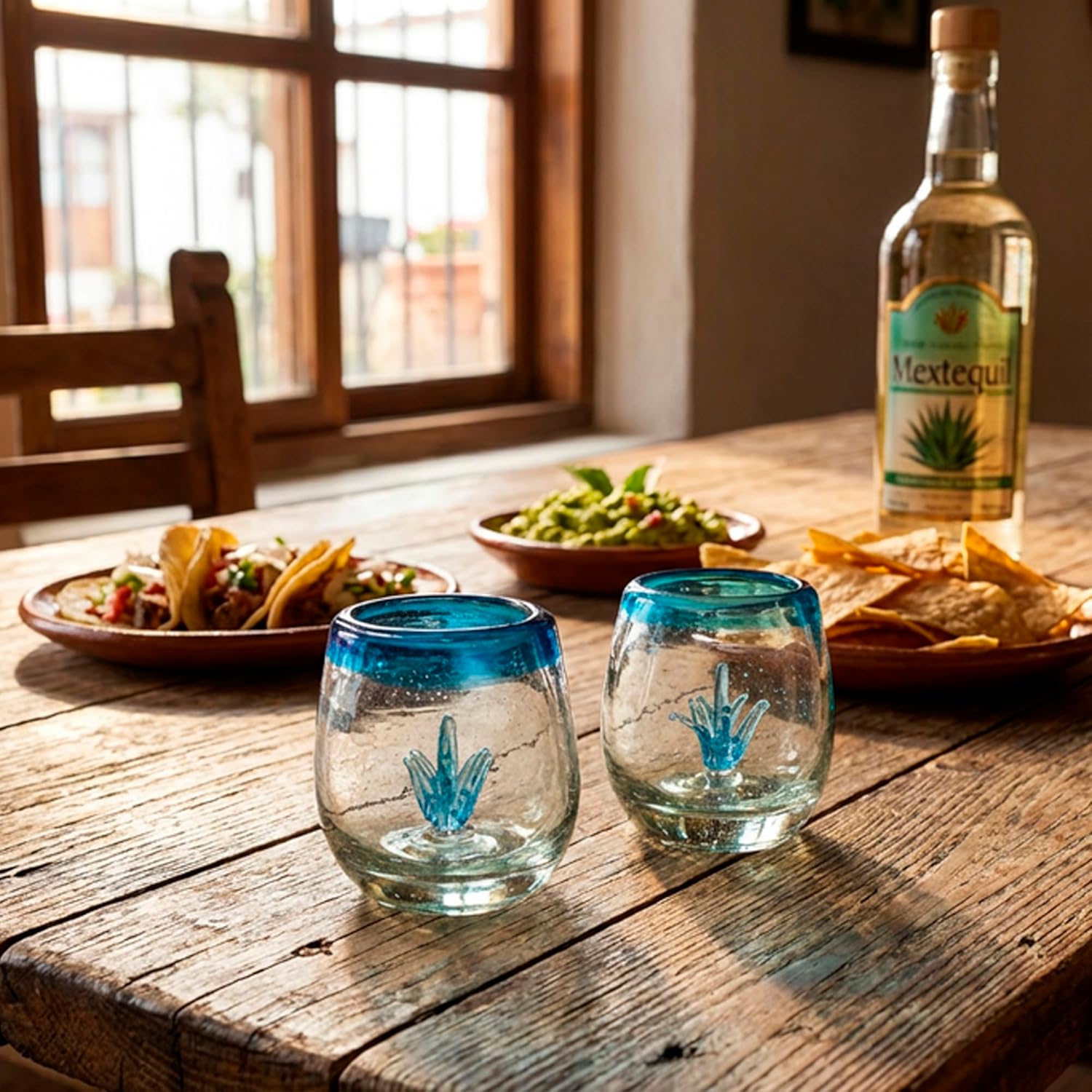 Handmade Mexican Blown Glass Barrel Decorative Set (Set of 4) – 2 oz Mini Barrels Artisanal Collectible with Interior Figurines – Traditional Home Decor (Turquoise Agave Penca)