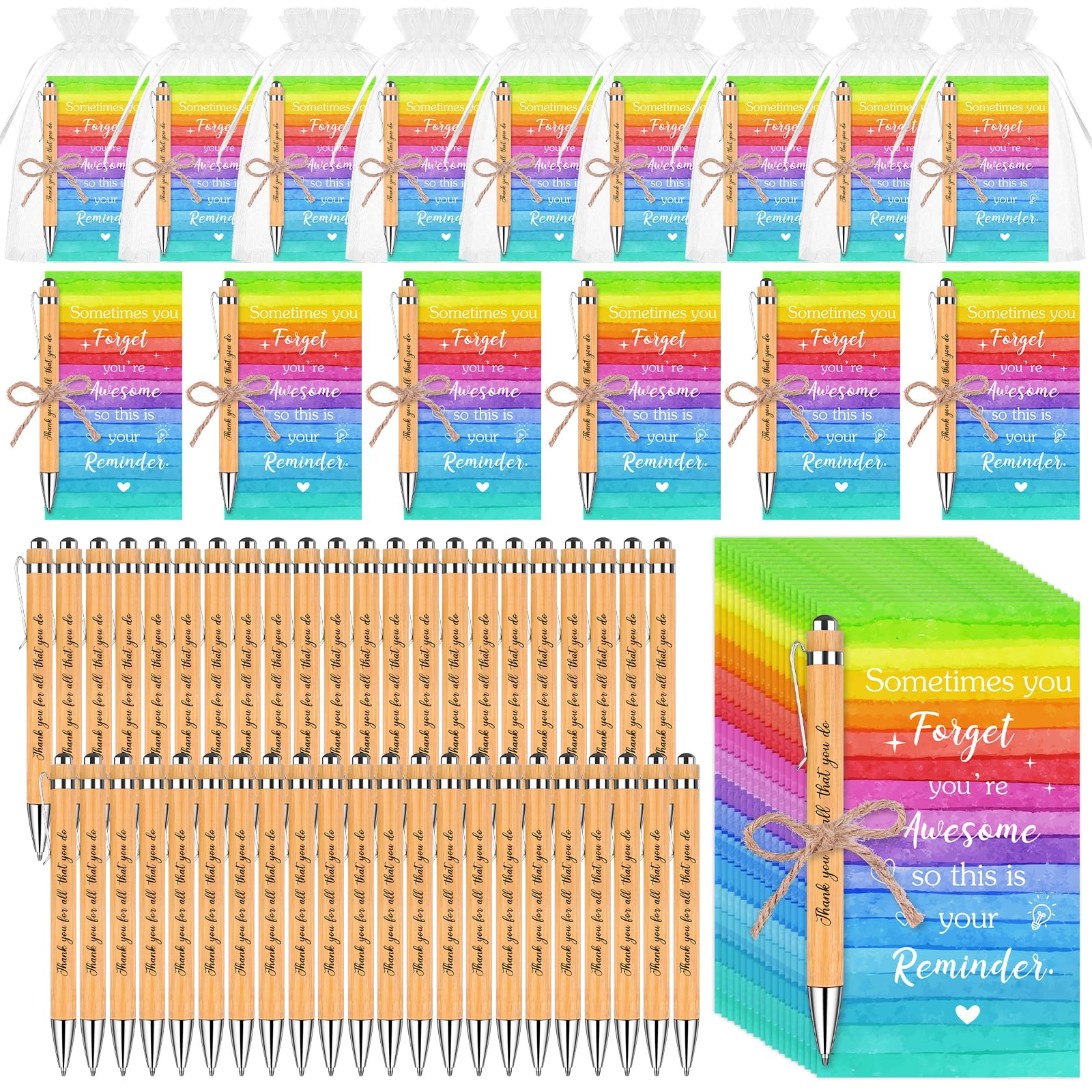 36 Sets Thank you Gifts Motivational Pens Employee Appreciation Gifts Inspirational Bamboo Ballpoint Pens with Rainbow Cards Organza Bags for Colleagues Teacher Volunteer Team Bulk Gifts