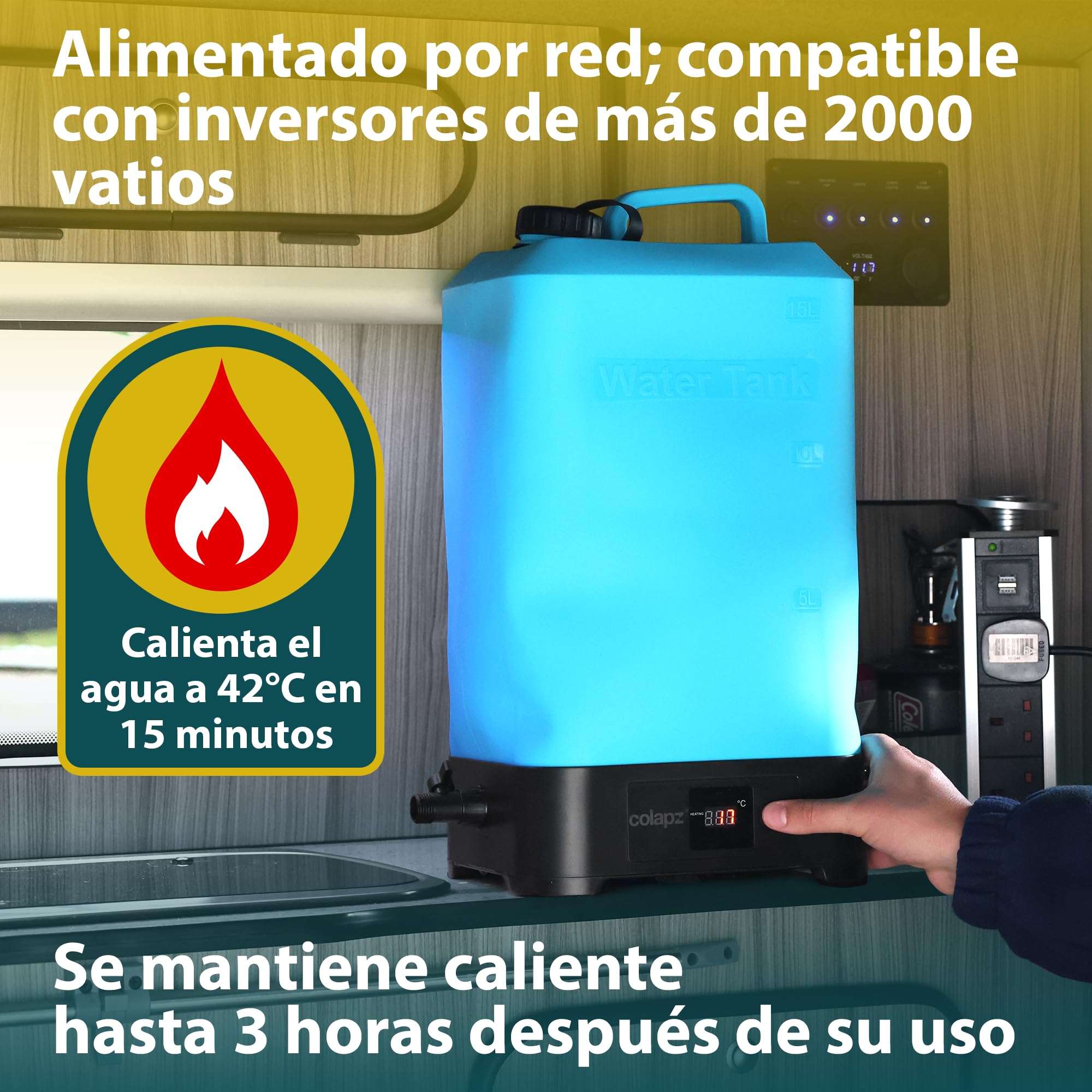 Colapz Ducha de Camping Eléctrica Portátil con Batería y Depósito 15L – Ducha Exterior Caliente hasta 42 °C – Ducha Móvil para Autocaravana, Van, Viaje, Festival, Senderismo y Jardín