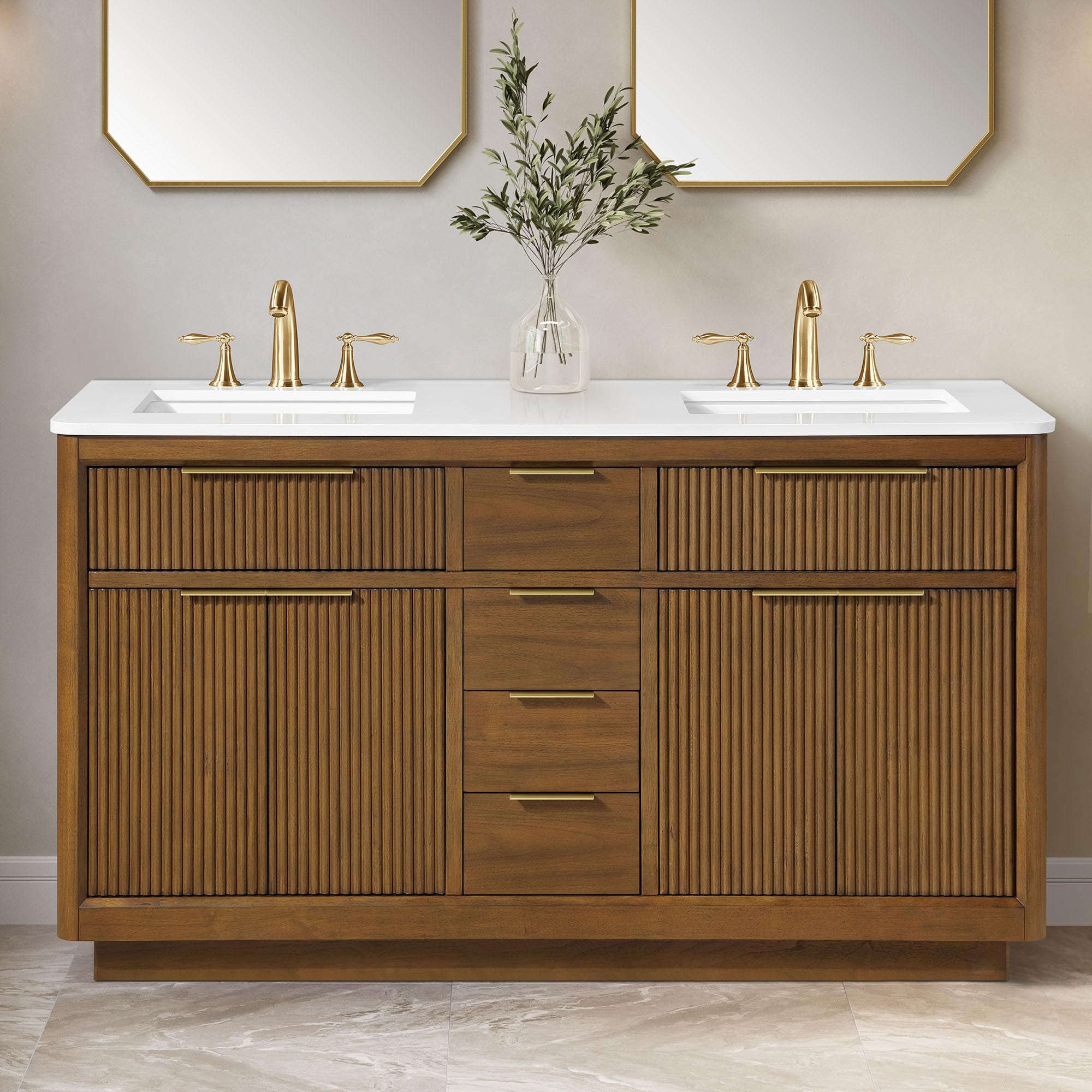 OVE Decors Xander 60" Warm Walnut Bathroom Vanity, Brushed Gold Hardware