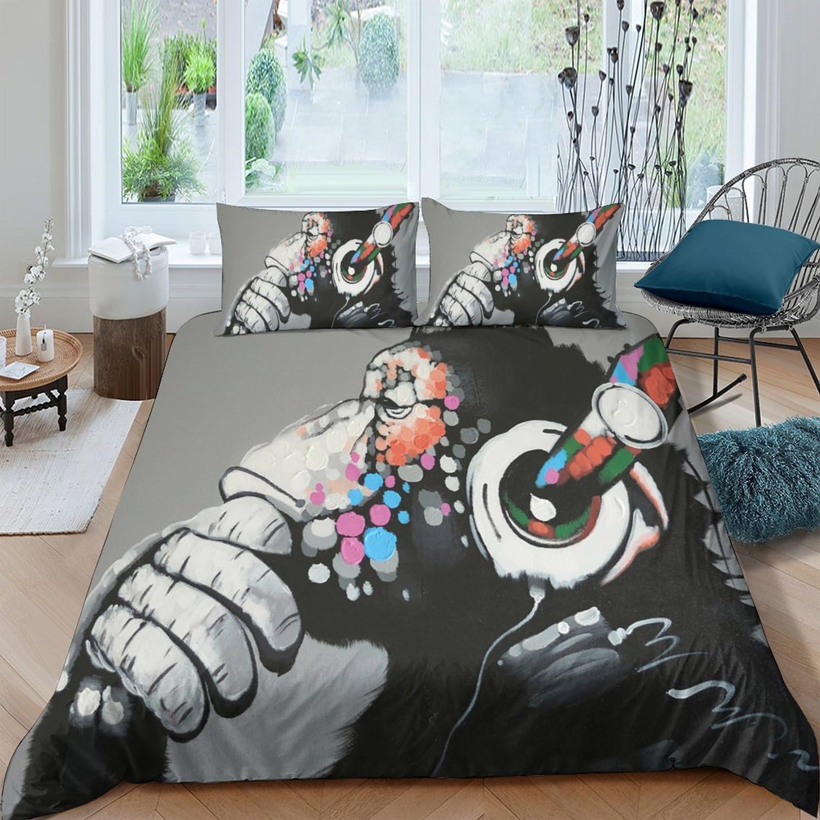 Ctjqhvkz Style-3 3D Printed Graffiti Art Fitted Sheet Microfiber Soft Breathable Monkey Headphones Bed Cover For Bedroom Dorm Mattress Protection Decor Single（135X200cm）