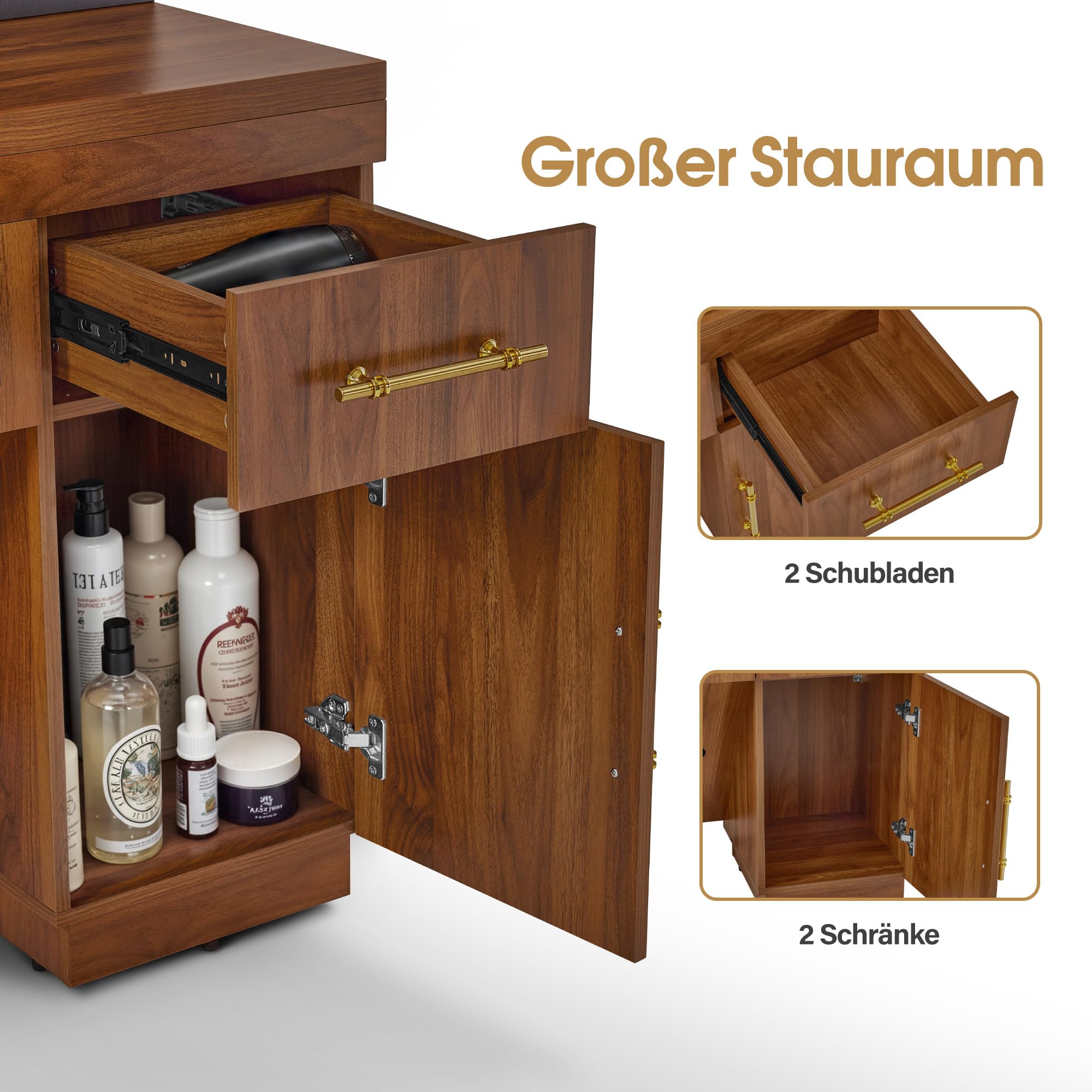 Barberpub Friseurplatz mit 2 Schubladen, Schminktisch mit Spiegel, Bedienungsplatz mit 4 Ablagen & 2 Schränken, Spiegelschrank aus Holz, Spiegeltisch mit Beleuchtung, Friseureinrichtung, 3167 (Braun)
