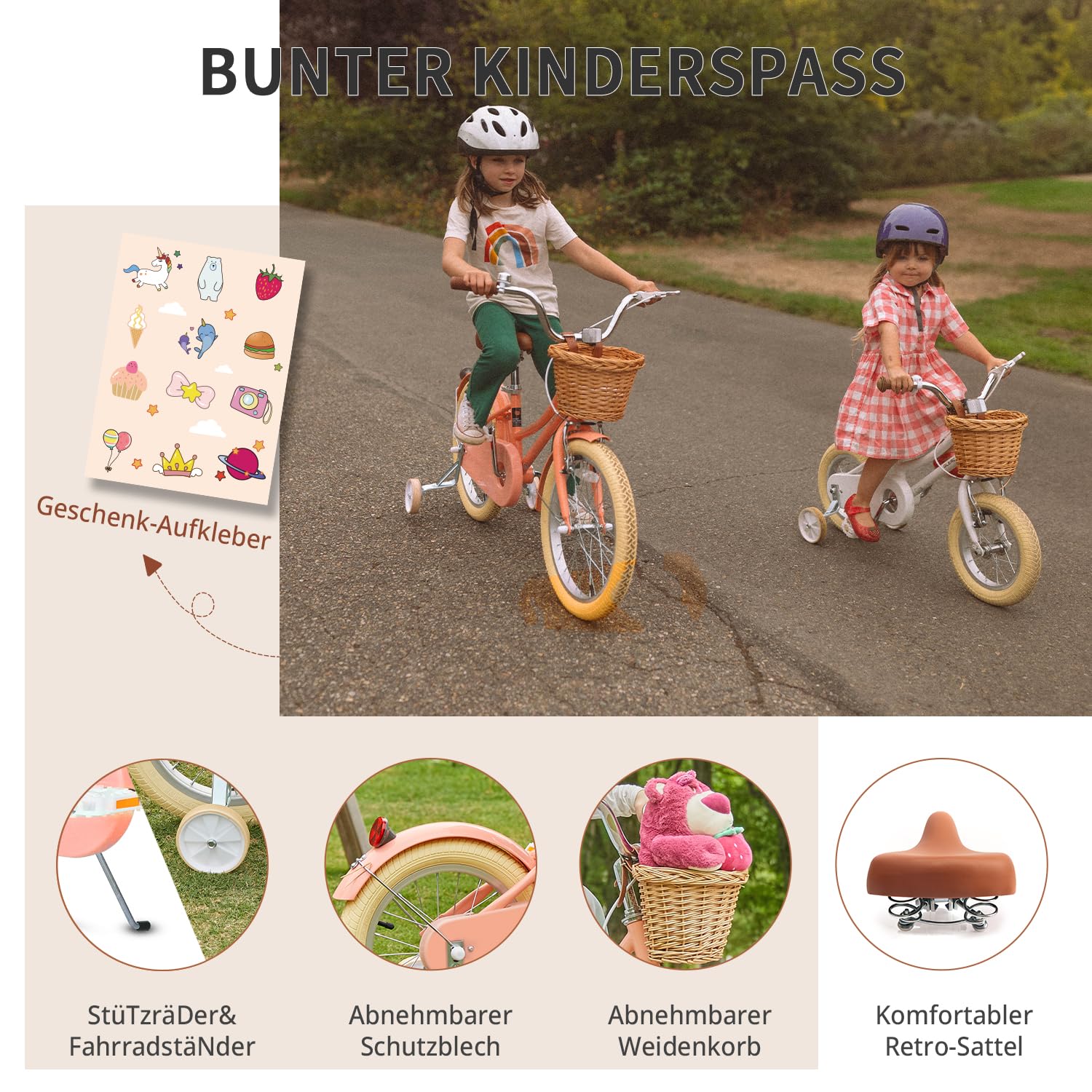Glerc Little Molly 12-20 Zoll Kinderfahrrad mit Korb, für Jungen und Mädchen im Alter von 3 bis 12 Jahren, mit Klingel und Stützrädern, Rose/Blanc/Vert Menthe/Bleu/Violet/Jaune