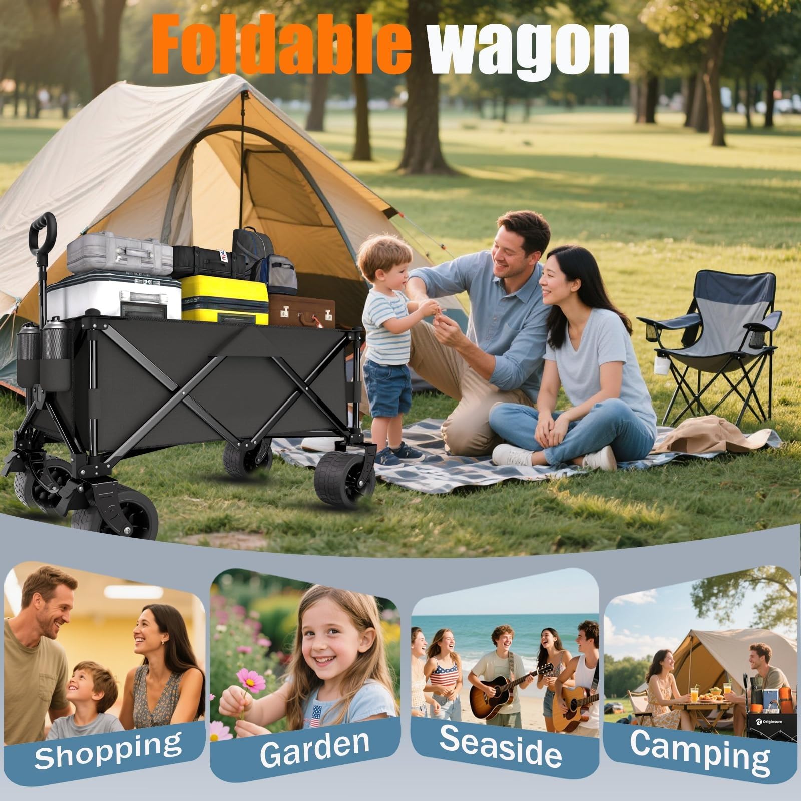 Chariot Pliable, 4 Roues Renforcées Poignée Réglable Chariot de Plage, Chariot de Transport Pliable pour Extérieur Camping Pique-Nique