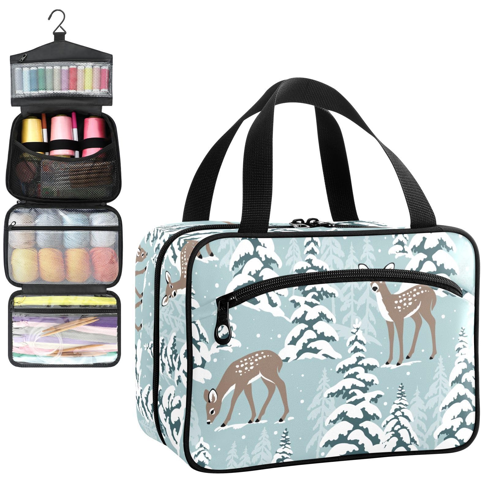 YNNALE Sewing Supply Organizer Bag, Winter Deer and Pine Tree Green Holiday Portable Sewing Bags with Pockets&Hanger, Sewing Storage Box Case for Sew Supplies/Kit/Tools/Accessories (BAG ONLY)