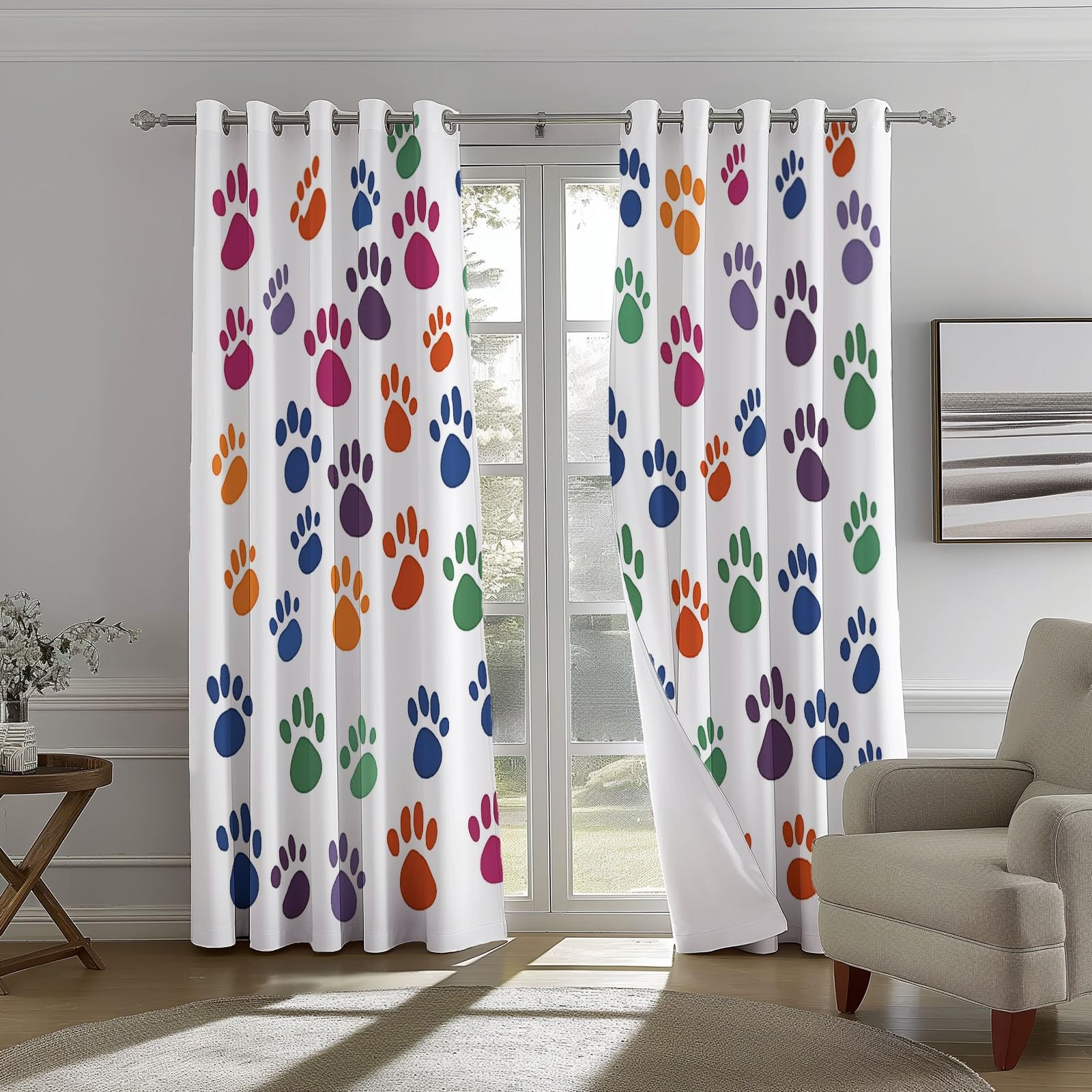 Gardinen Blickdichter Bunte Hundepfote Drucke Bedruckte Vorhänge H215x B110 cm (2er Pack) Verdunkelung mit Ösen für Farbe