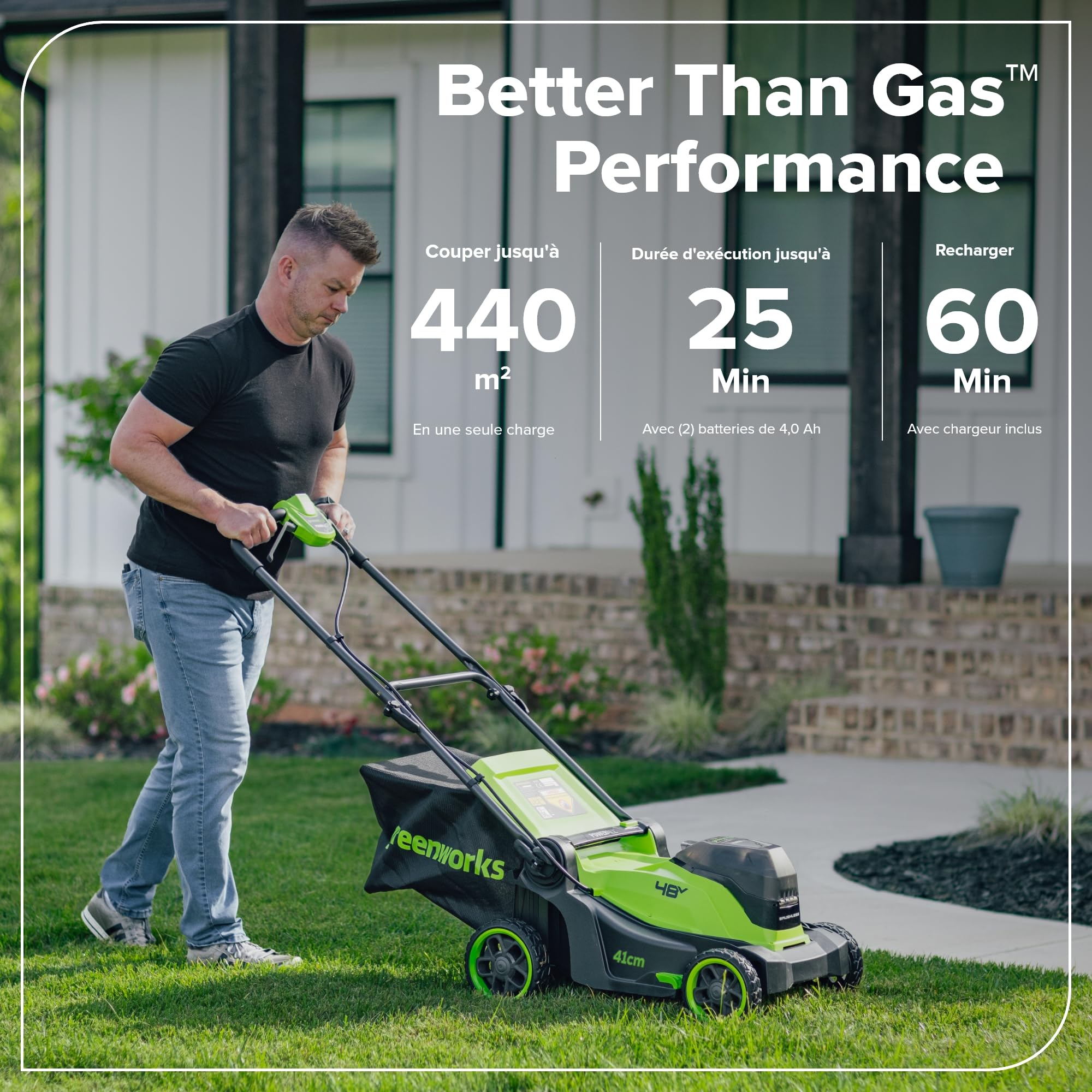 Greenworks 48V (24V x 2) Tondeuse Gazon Batterie sans Fil, Largeur de Coupe 41cm, Sac 40L, Tondeuse Electrique Gazon Inclus 2 X 24V 4Ah et Chargeur Double, Garantie 3 Ans, MO48L422-01
