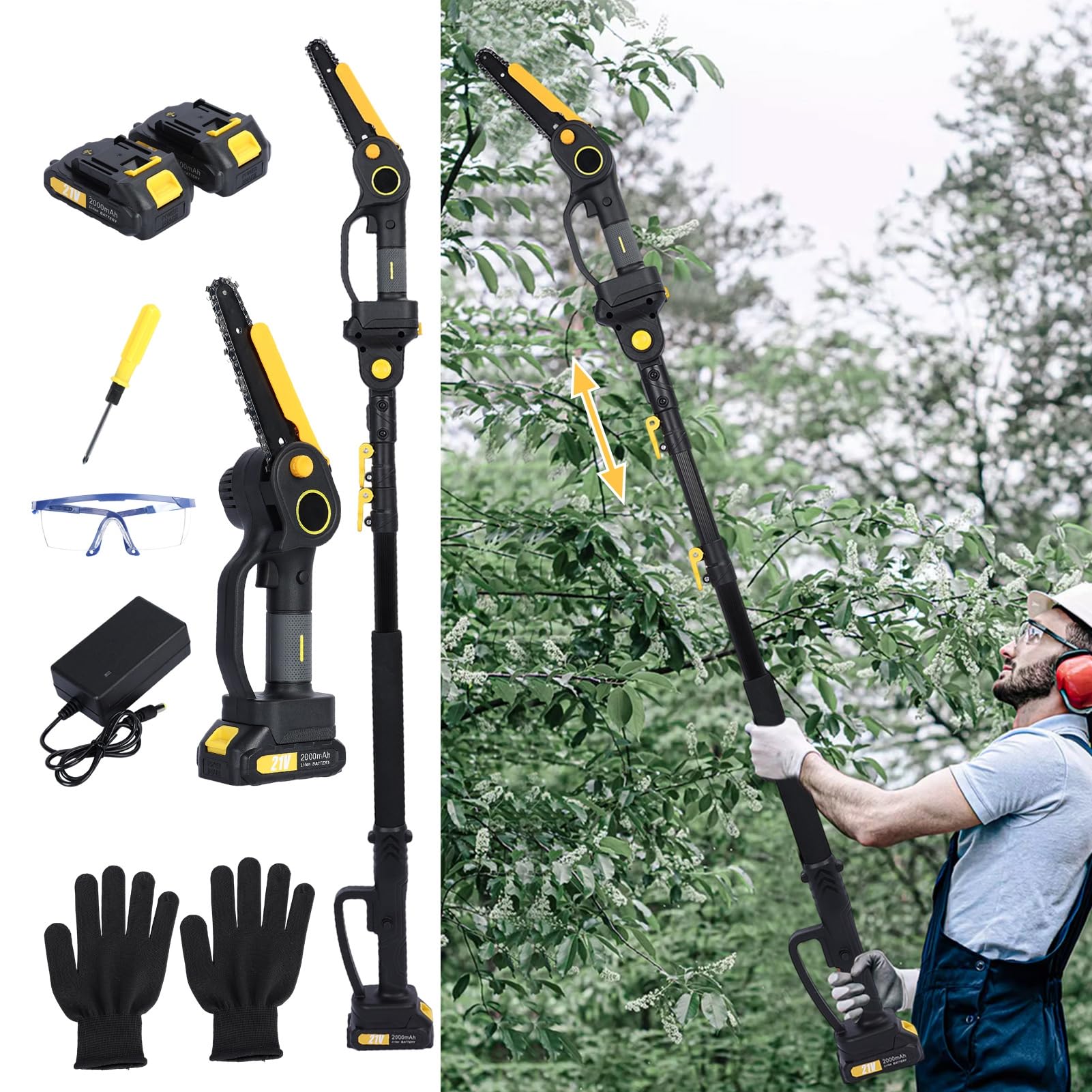 Sierra de poste eléctrica, cortador de eje telescópico con baterías 2 × 2,0 h, motosierra motor sin escobillas de 800 W hoja de metal de 6 pulgadas, cortador de cepillo para corte de madera y amarillo