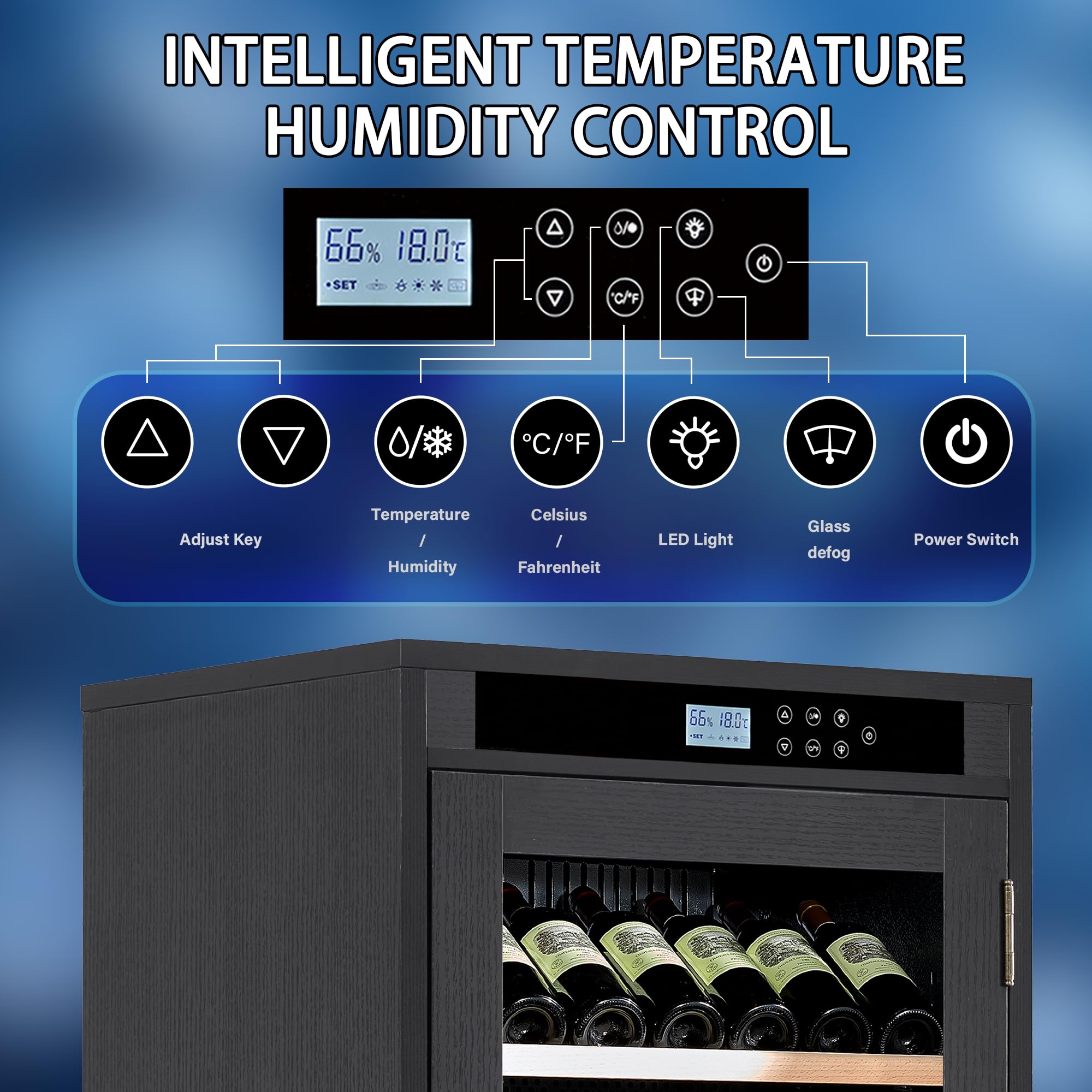 Relaxcabine 69 Bottles Wine Cooler LED Touch Screen, 7.6 Ft³ Wine Cabinet Constant Temperature & Humidity Control, Dual Layer Tempered Glass Door, Black Wood Exterior For Home, Kitchen Or Bar on Fridge.com - View 6