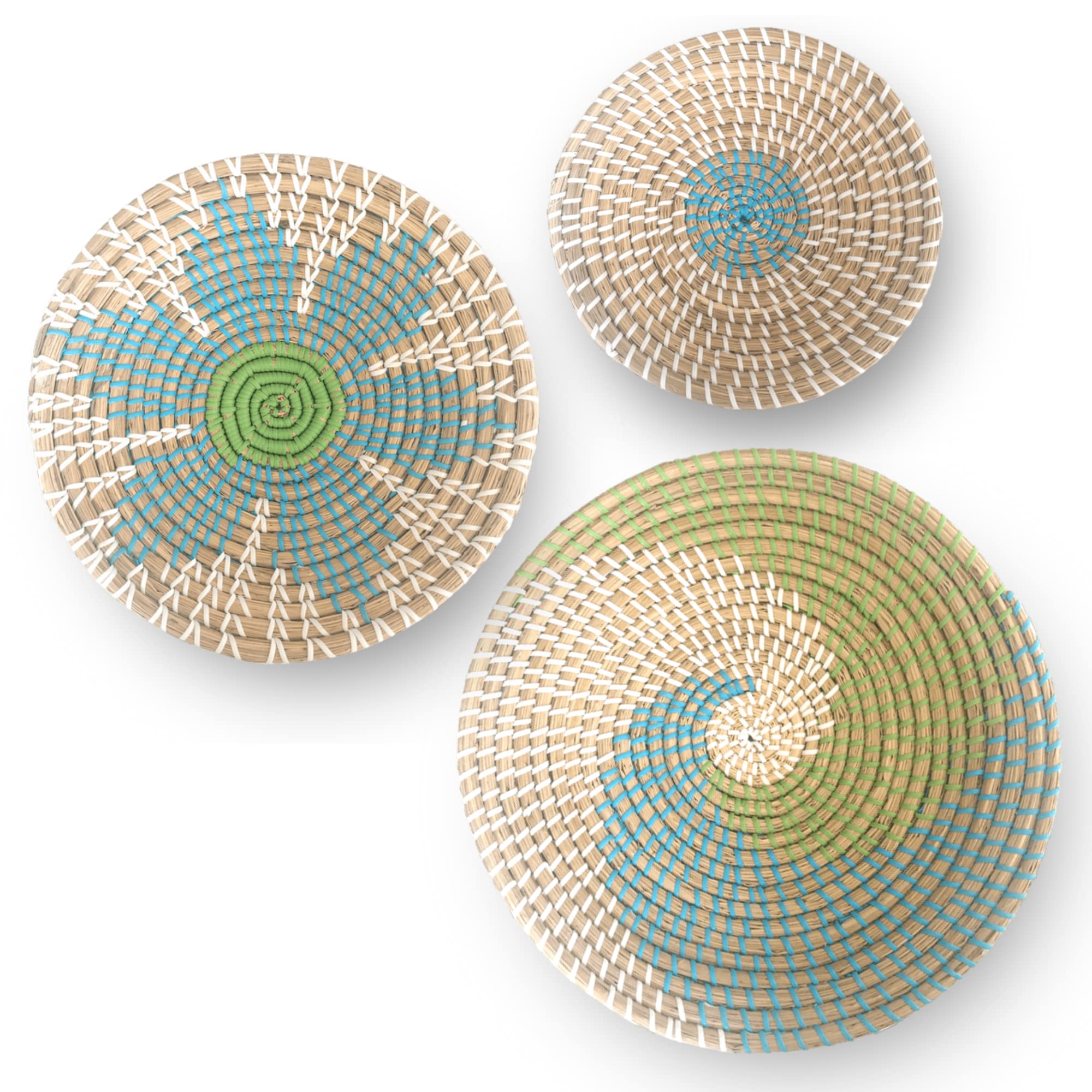 GoGiftWall Basket Decor - Wicker Coastal For Home Baskets Hanging Woven Boho Beach Rattan Seagrass Set of 3 Beige Teal Blue and Light Green
