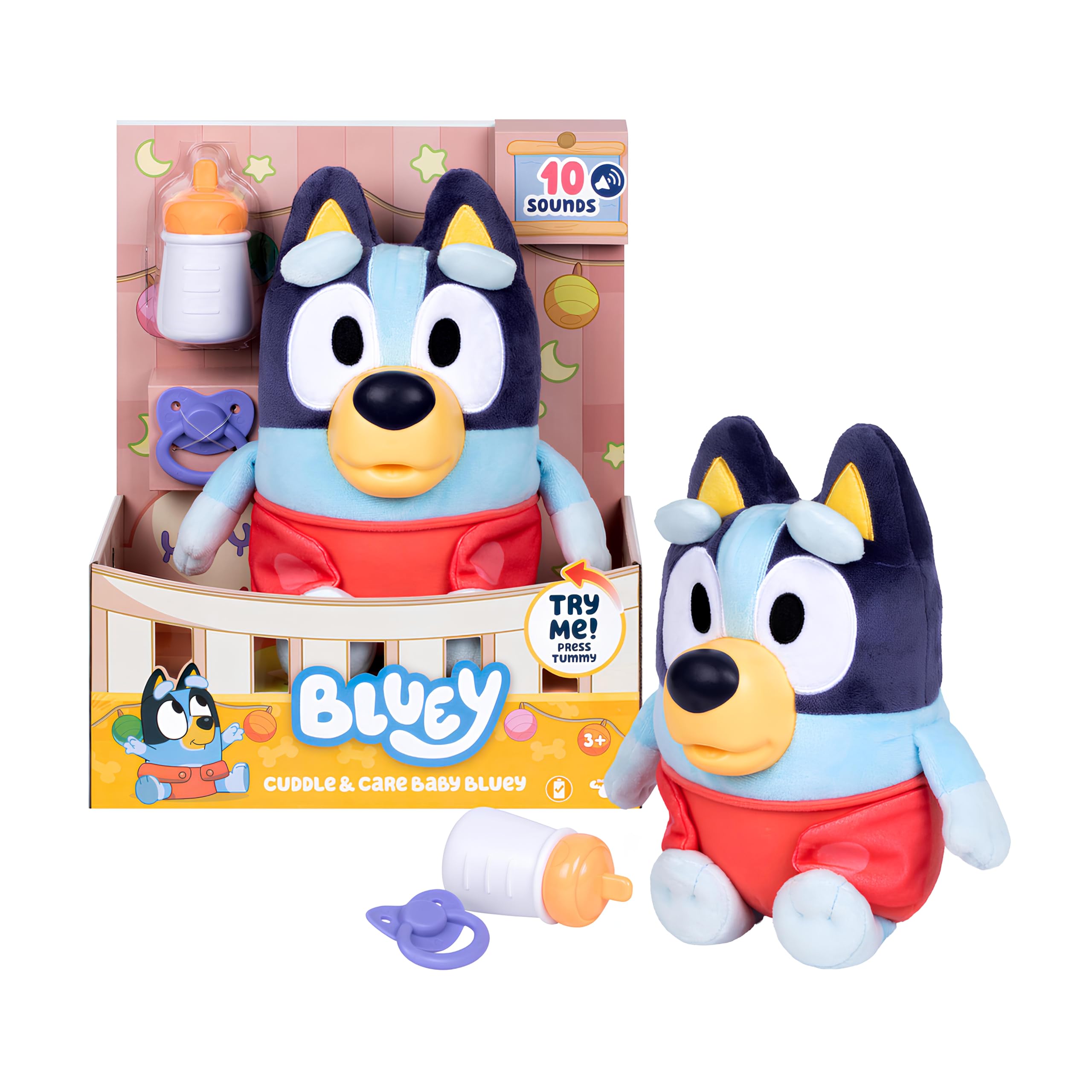 Bluey Bebé mimos y cuidados, cuida, alimenta y Calma Bebé, Peluche electrónico de 28 cm con 10 Sonidos de bebé Diferentes, 2 Accesorios y pañal extraíble
