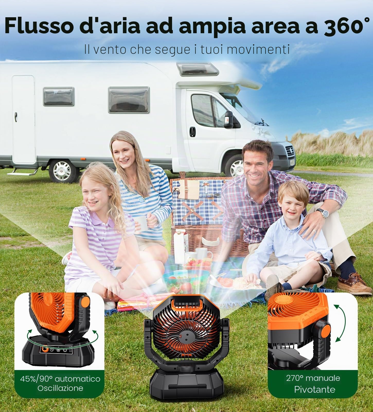 Ventilatore da Campeggio con Lanterna a LED, 20000 mAh Ventilatore da Tavolo con Telecomando e Gancio, Rotazione di 270°, Velocità Continua, Modalità Timer, per Tenda da Interno ed Esterno（Arancia）
