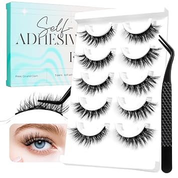 Bepholan Self Adhesive Eyelashes Natural Look Pre Glued No Glue Need Eyelashes Press On Lashes Reuseable Waterproof False Eyelashes Wispy with Tweezer 5 PairsCVJ221