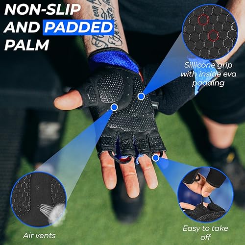 Miniatura 8 de BEAST RAGE Guantes de entrenamiento para hombres, guantes de gimnasio duraderos con agarre de palma para mujeres, medio dedo, elástico,