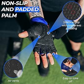 BEAST RAGE Workout Gloves for Men, Durable Palm Grip Gym Gloves Women Half Finger Elasticated Training Weight Lifting Strength Bodybuilding Anti Slip Cycling Gloves Exercise (Blue, L)