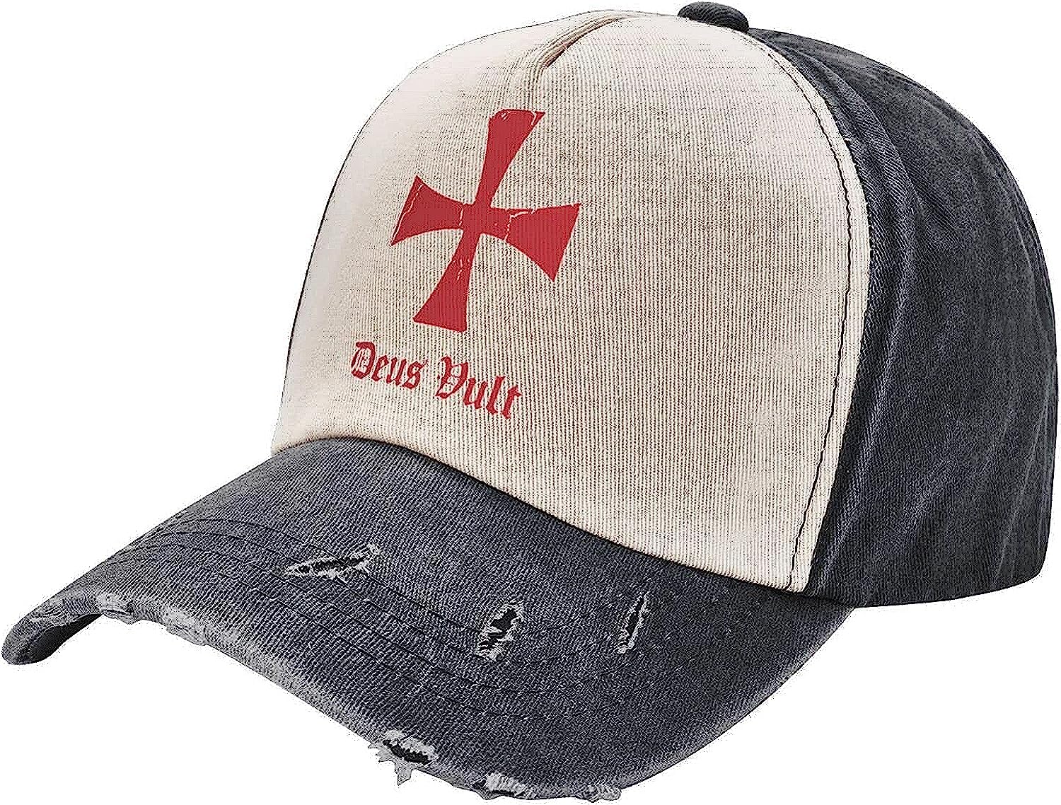 Fifbird Unisex Black And White Deus Vult Knights Templar Cross Hats Distressed Baseball Caps Washed Dad Trucker Denim Cowboy Hat