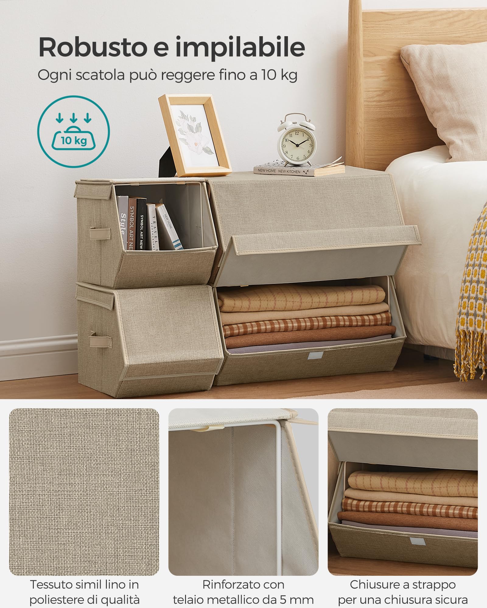 SONGMICS Set di 4 Scatole con Coperchio, Organizzatori Impilabili | Contenitori con Chiusura Magnetica, in Tessuto, Struttura in Metallo, Beige Sabbia, Collezione TINA RLB022Y02V1