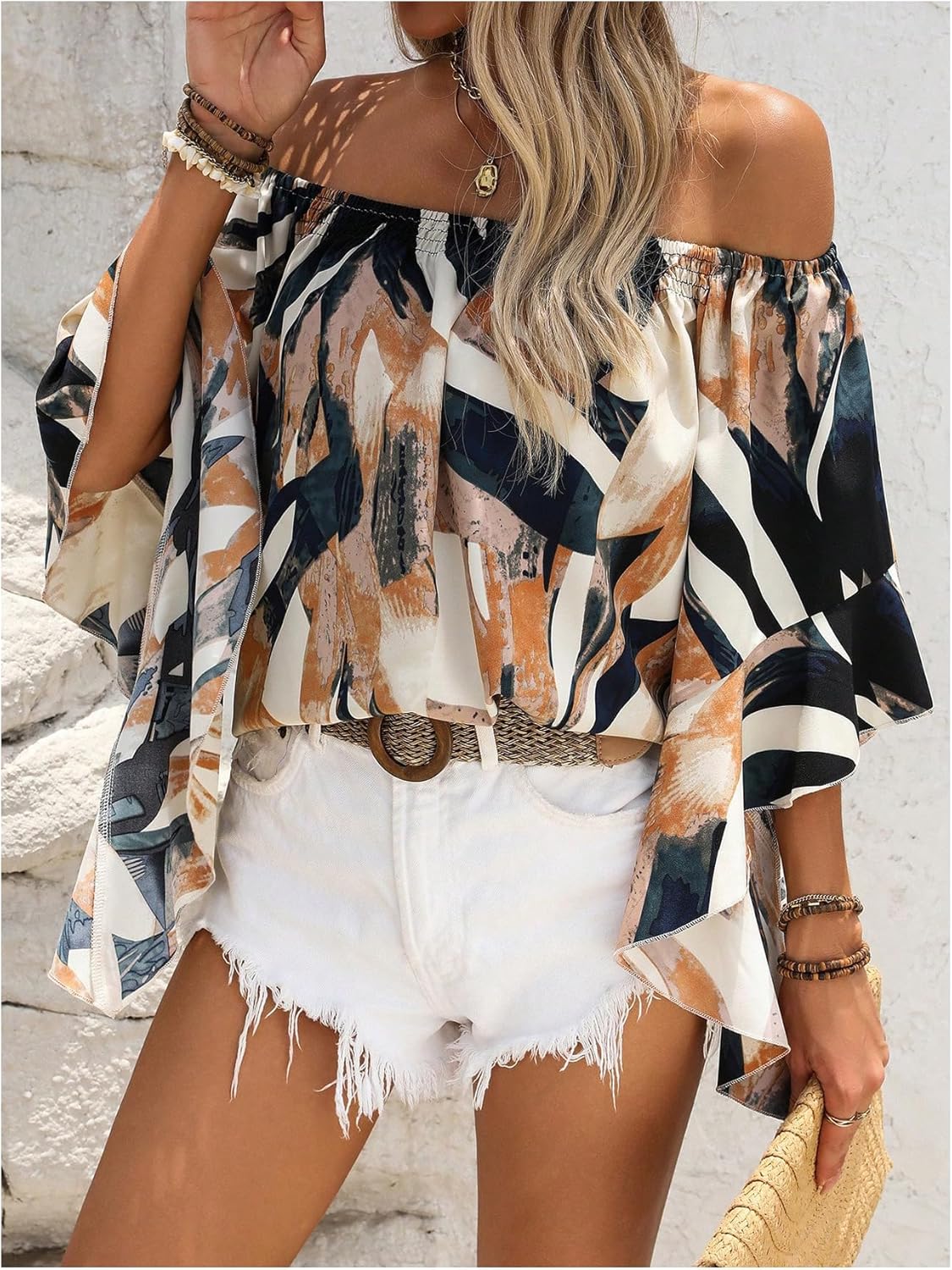 GORGLITTER Women's Off The Shoulder Tops Boho Asymmetrical 3/4 Sleeve Ruffle Colorful Blouses Shirt Tops Dressy Casual - Image 4