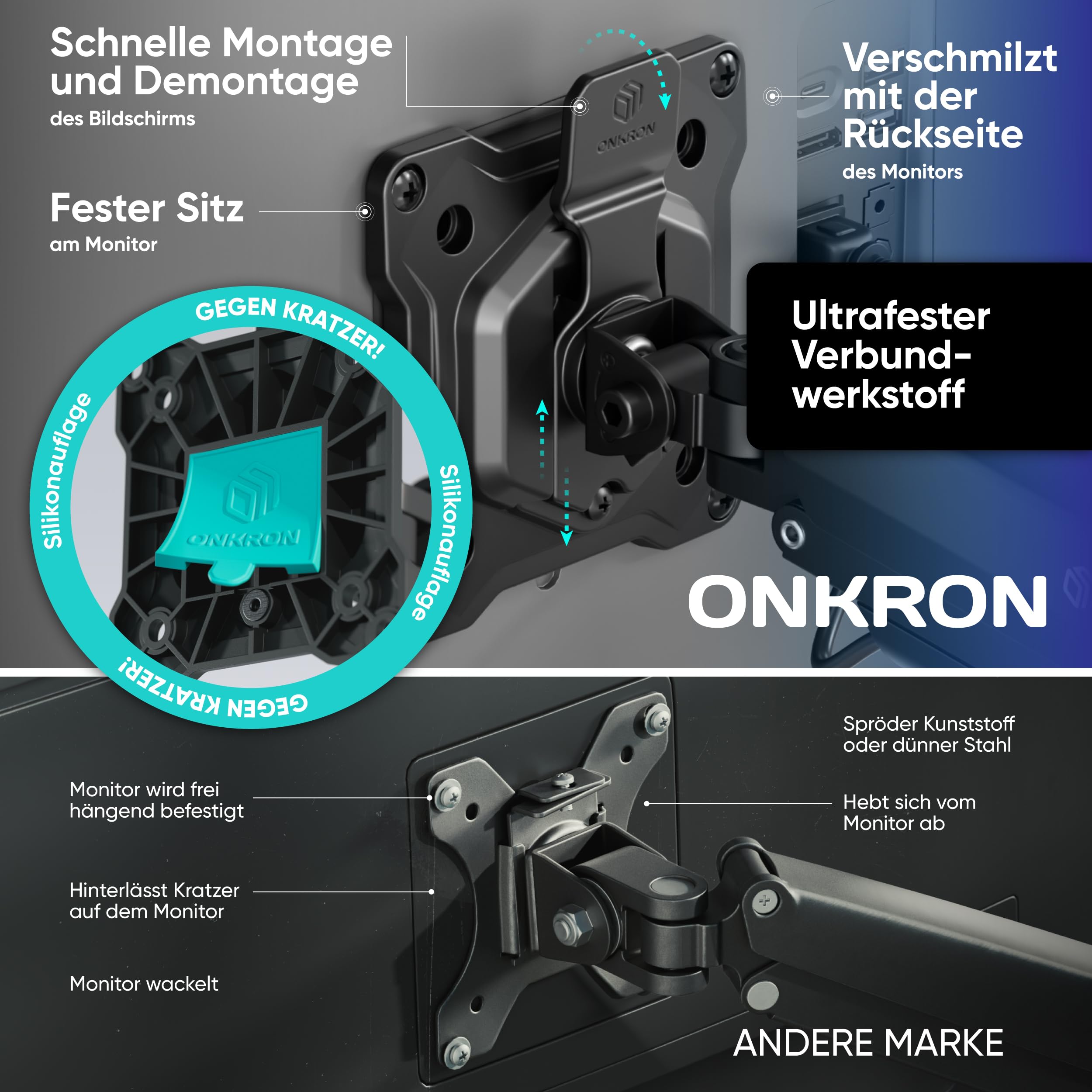 ONKRON Monitor Halterung 2 Monitore für 17-42 Zoll Bildschirme bis 15 kg pro Arm, dual Monitor Arm mit Gasdruckfeder, Monitorhalterung VESA 75x75-100x100, Tischhalterung verstellbar Schwarz G140-B