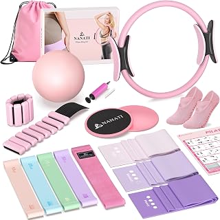 Pilates Kit, Home Pilates Workout Kit for Women, Pilates Equipment with 14.5" Pilates Ring and Ball, Resistance Bands, Ankle Weights, Sliders & Grip Socks Accessories for Starter Home Workouts