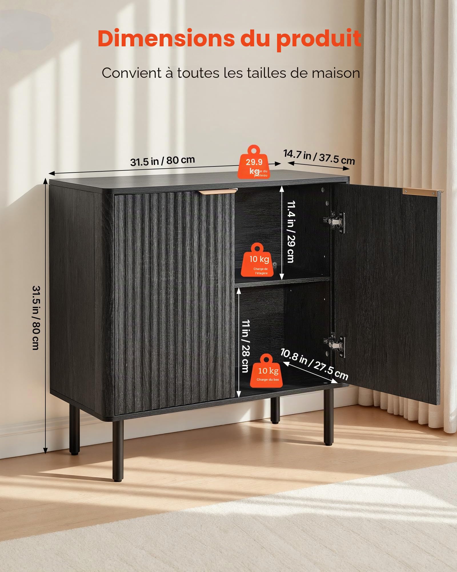 VEVOR Buffet à 2 Niveaux, Meuble de Rangement Cuisine avec 2 Portes, Meuble Coin Café avec Rangement, Enfilade de Style Milieu du Siècle, pour Salon, Entrée et Couloir, 80 x 37,5 x 80 cm, Noir