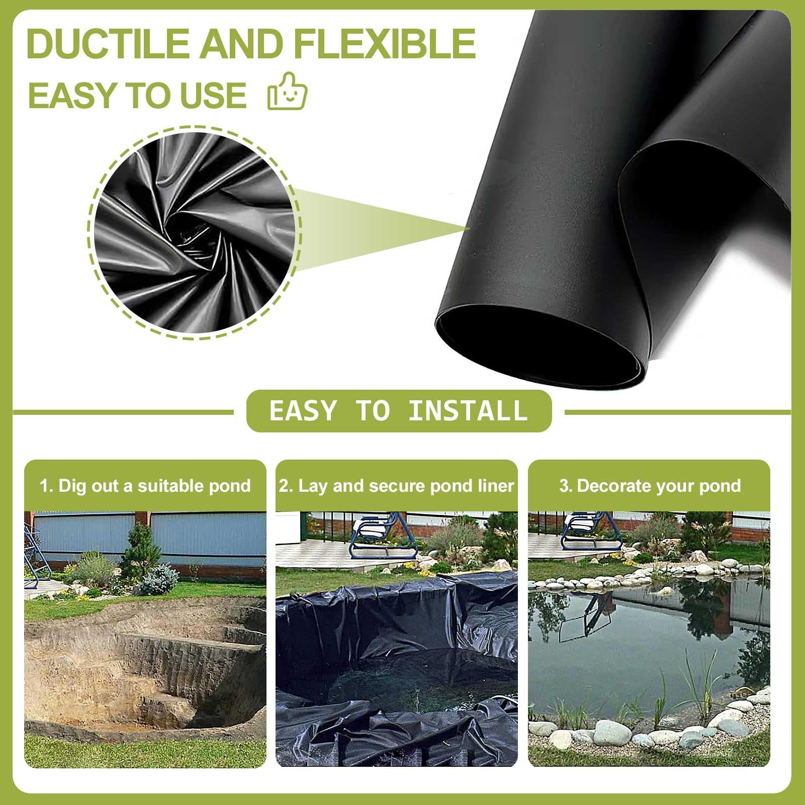 5x10m HDPE stagno liner ecologico sicuro per pesci impermeabile ideale per laghetti all'aperto disponibile in diverse dimensioni (3x4m 5x5m 6x9m 7x10m 8x12m 10x15m)