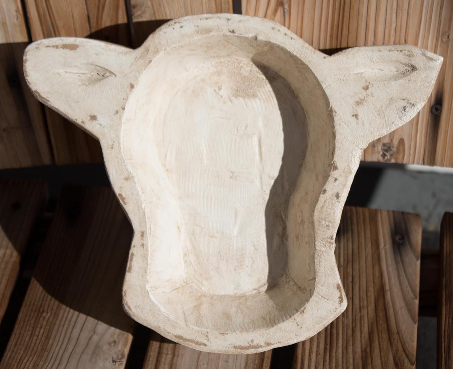 cow head large dough bowl for decor or candles unique antiqued hand carved centerpiece farmhouse holiday christmas gift 11x12x2- antique off white