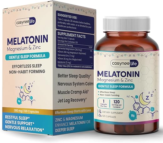 Cosynee Life Melatonin 5mg with Magnesium Glycinate 300mg | Sleep Support Formula | 30 Capsules | 4 Month Supply
