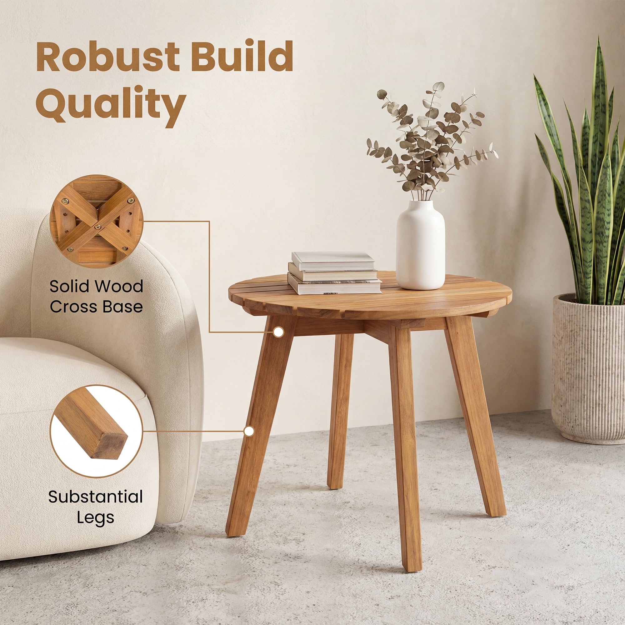 GIANTEX Table Ronde Exterieur Bois Acacia Massif Bout de Canapé Plateau à Lattes Petite Table Basse d'Appoint Jardin Ø 43 x 35 cm Charge 75 kg