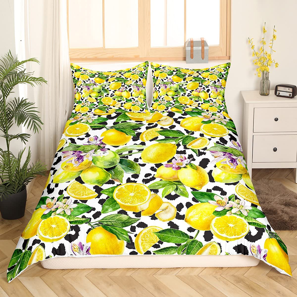 Homemissing Yellow Lemon Duvet Cover Fresh Fruit Bedding Set Black White Cow Comforter Cover for Kids Adults Green Leaves Purple Flowers Bedding & Linen 3Pcs With 2 Pillow Case King Size - Image 4