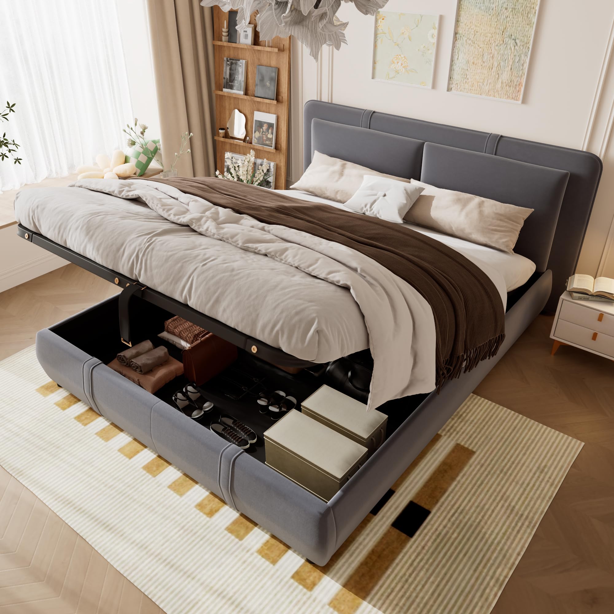 BTM Upholstered Double Bed with Storage, Double Bed Frame with Removable Soft Headboard Backrest, 4ft6-135x190cm, Velvet+Plywood, Grey (No Mattress) โ image 1
