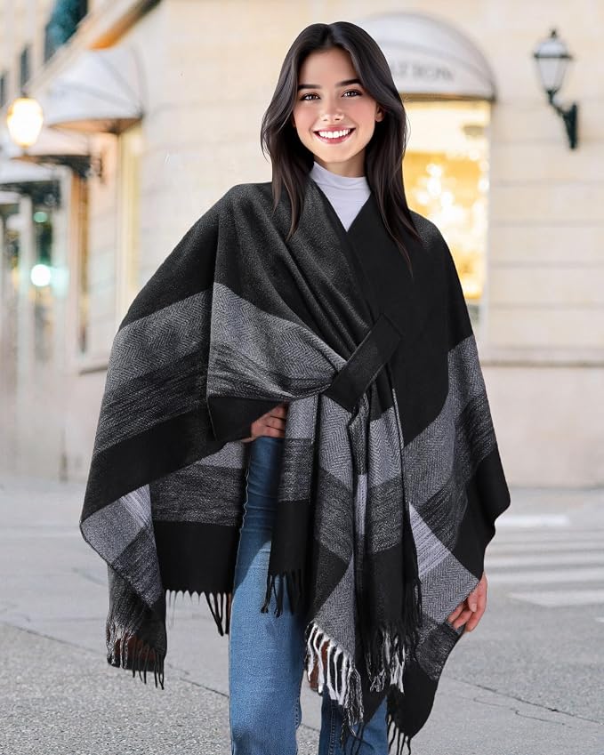 Poncho para mujer suave tejido con flecos miniatura 2