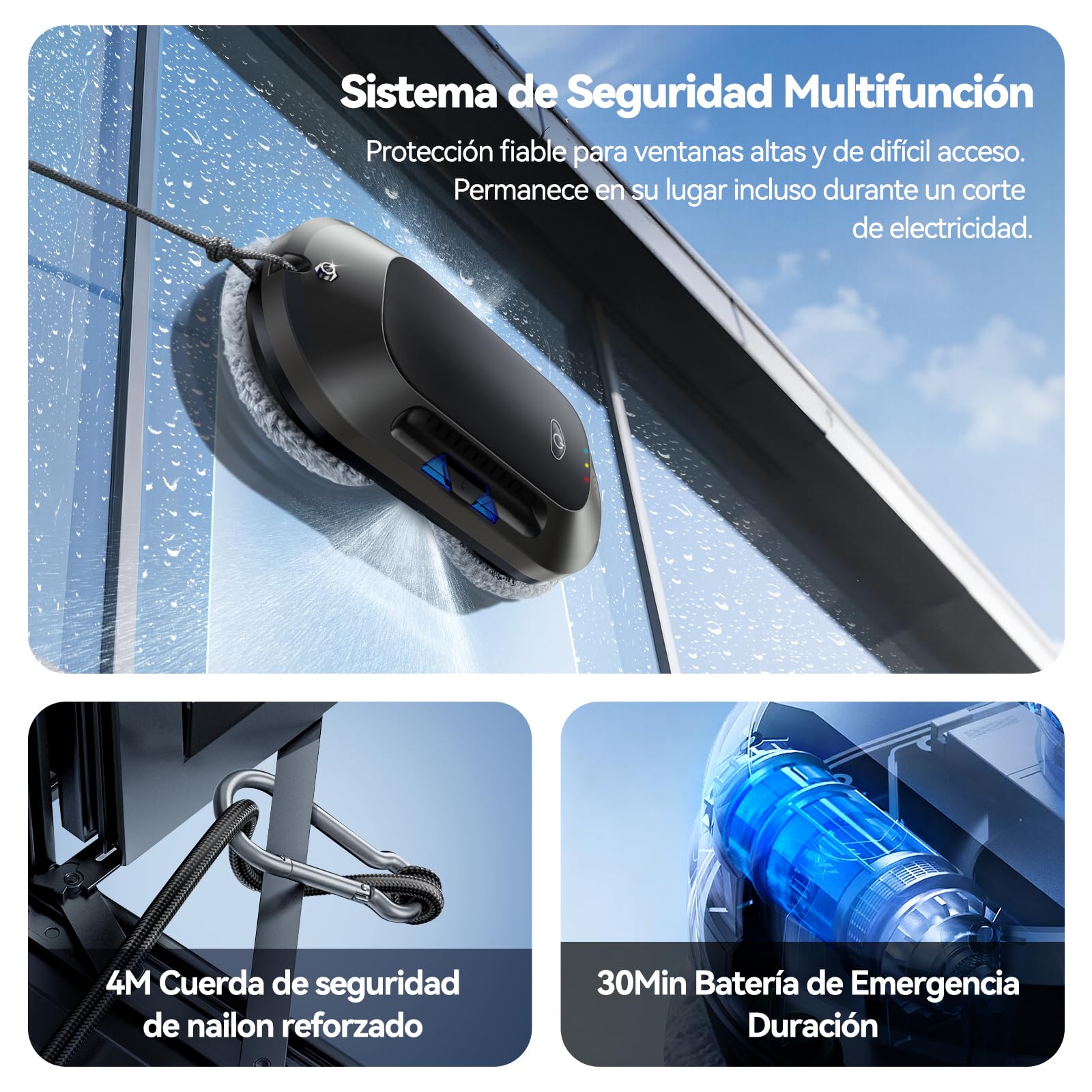 Robot limpiacristales con Función de Pulverización, Succión Turbo de 6500 Pa, 3 Modos de Limpieza y navegación Inteligente para una Limpieza eficaz de Ventanas, Modelo: W23D