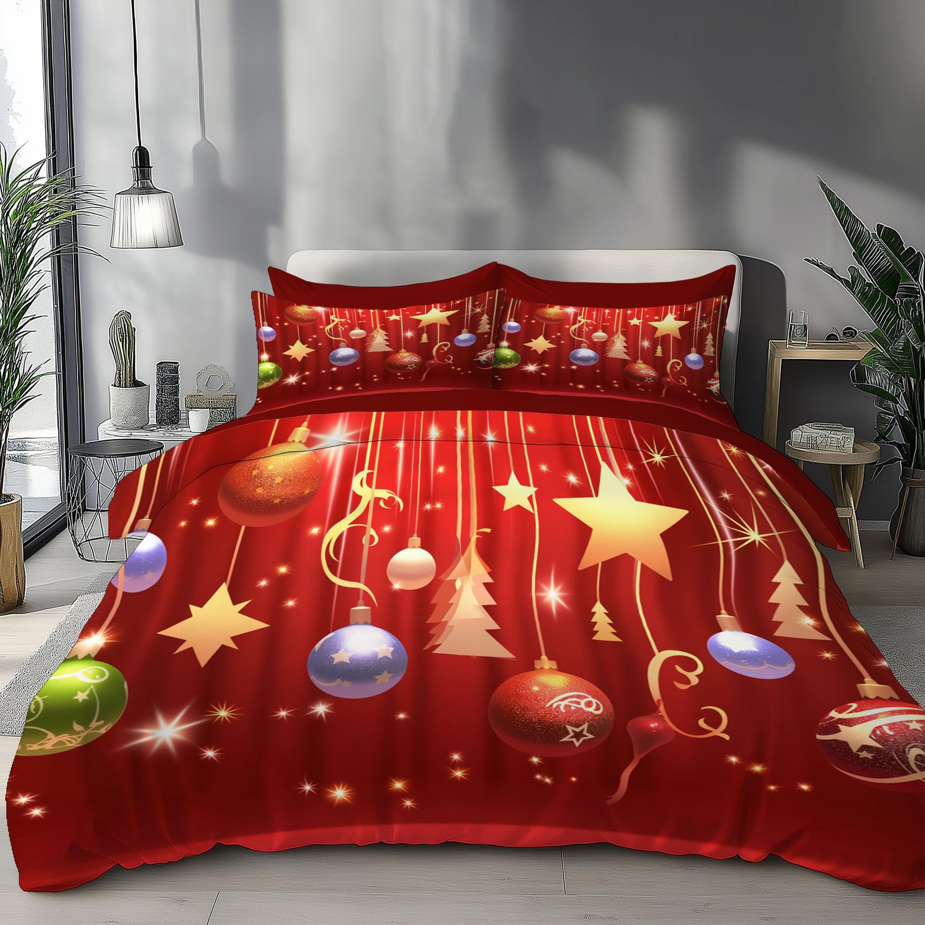 Housse de Couette Boules De Noël 240x260 avec 2 taies d'oreiller en microfibre rouge