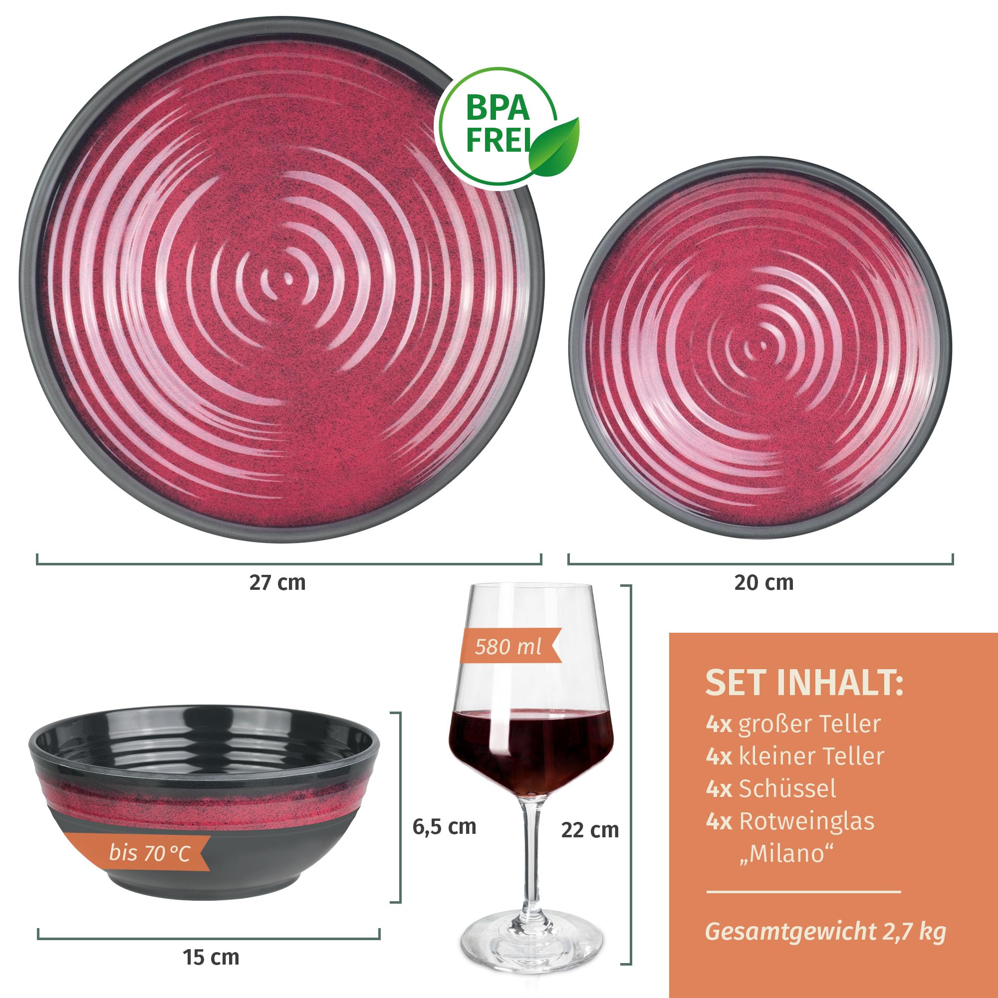 Vajilla de melamina para camping, 4 personas, color rojo piedra + 4 copas de vino tinto Milano, copas de vino rojo, vajilla de pícnic, barbacoa