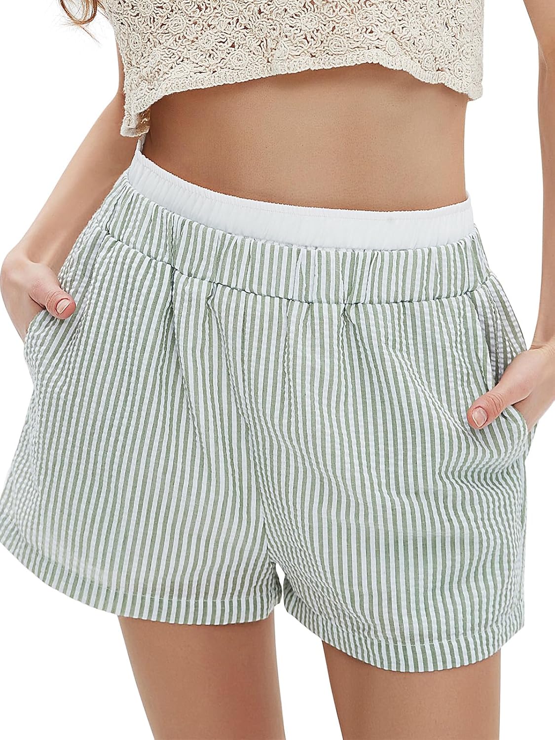 EXLURA Women’s Stripe Print Exposed Boxer Shorts Elastic High Waisted Wide Leg Y2K Workout Gym Shorts